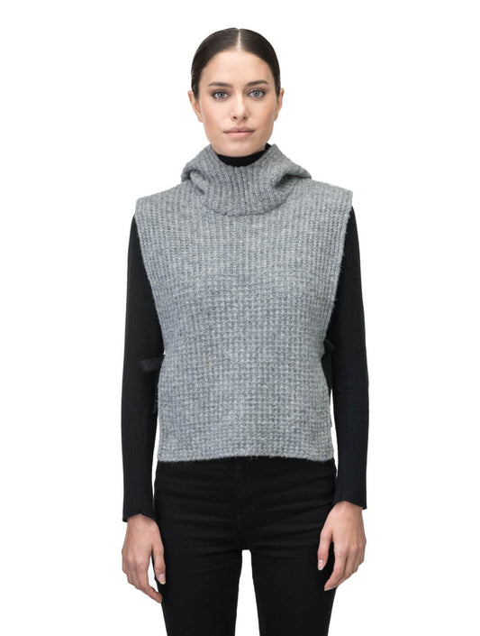 Nars Unisex Knit Hooded Dickie in in superfine alpaca and merino wool blend, waist length, fitted hood, sleeveless torso, and side webbing straps to adjust fit, in Grey Melange