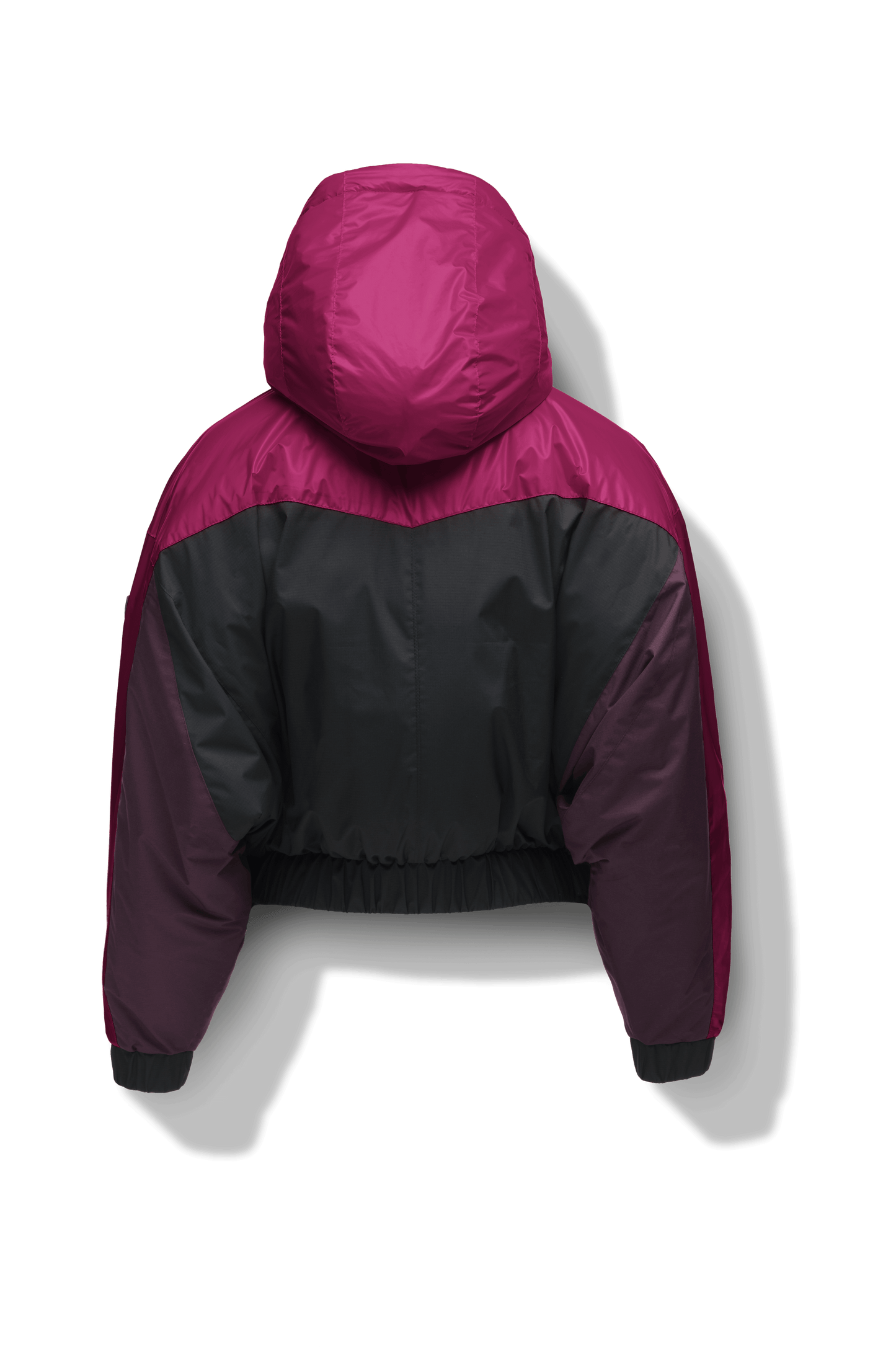 Aspen Women's Batwing Jacket in hip length, premium stretch ripstop and cire technical nylon taffeta fabrication, Premium Canadian White Duck Down insulation, non-removable down-filled hood, centre front two-way zipper, winged arm detailing, in Festival Fushia/Potent Purple