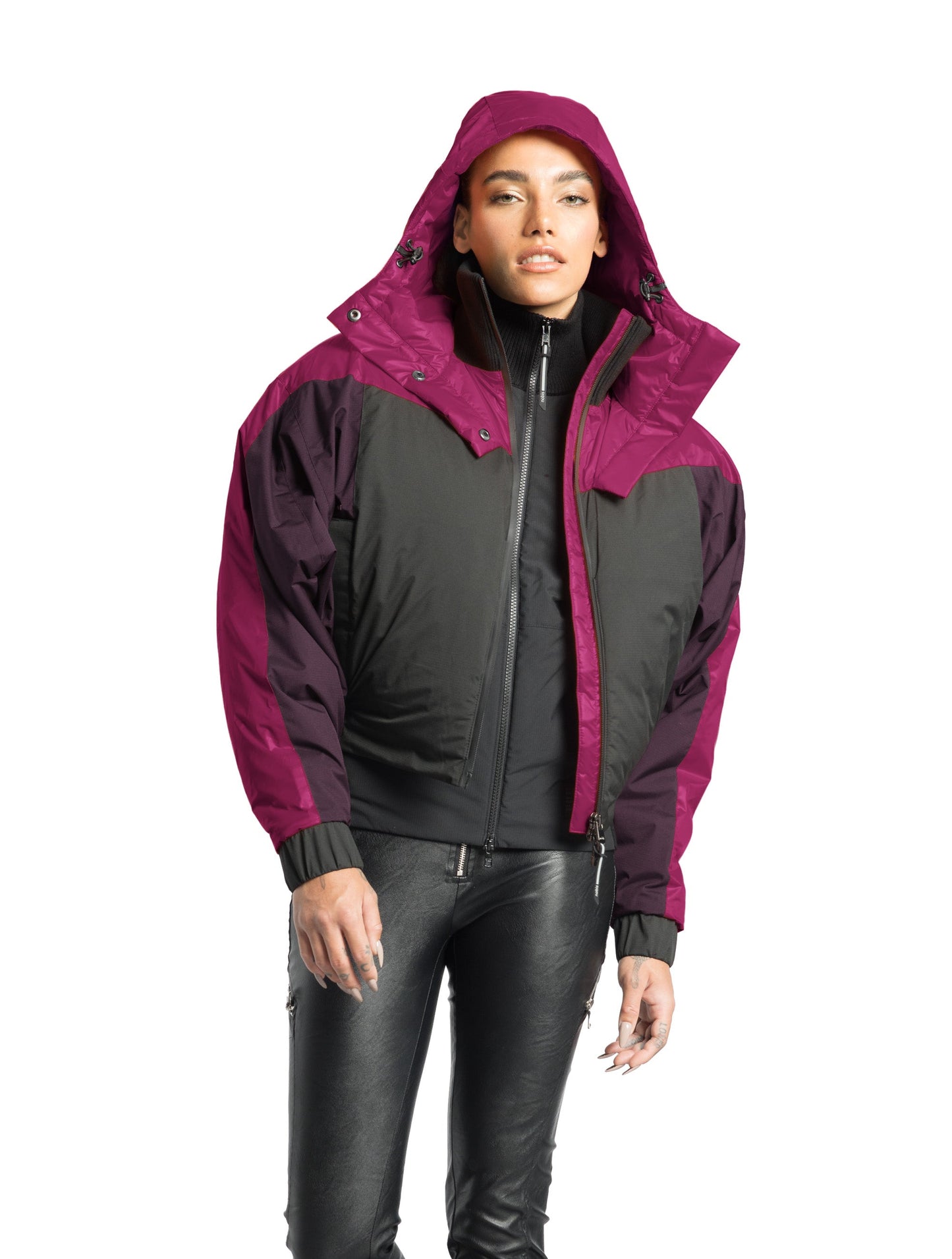 Aspen Women's Batwing Jacket in hip length, premium stretch ripstop and cire technical nylon taffeta fabrication, Premium Canadian White Duck Down insulation, non-removable down-filled hood, centre front two-way zipper, winged arm detailing, in Festival Fushia/Potent Purple