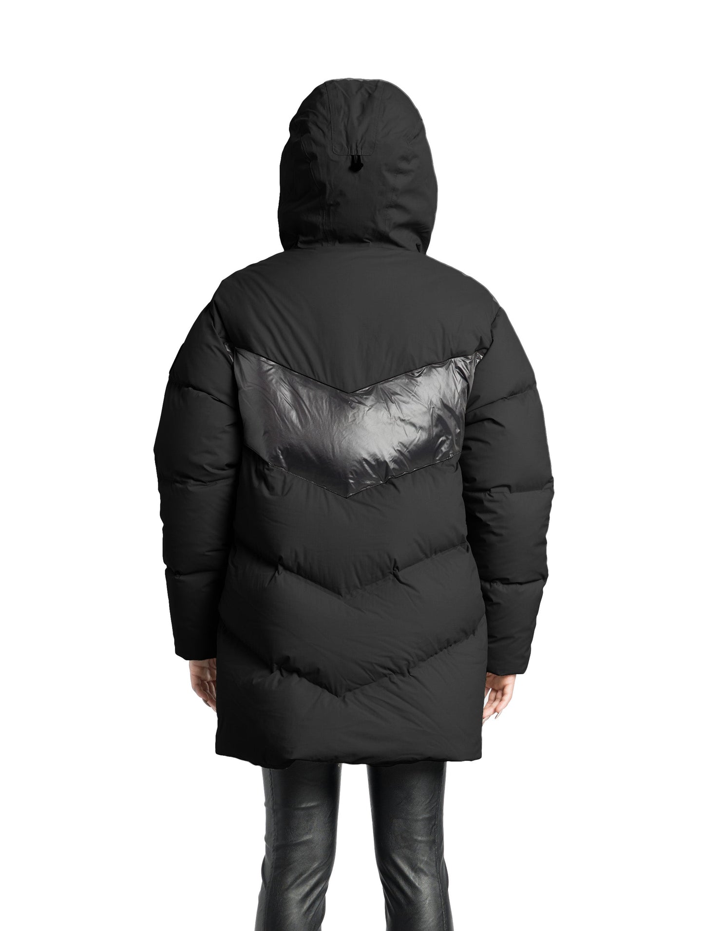 Isla Women's Chevron Quilted Puffer Jacket in thigh length, premium technical nylon taffeta fabrication, Premium Canadian origin White Duck Down insulation, non-removable down-filled hood, two-way centre-front zipper, zipper pockets at waist, contrast cire technical nylon taffeta detailing on chest and back, in Black