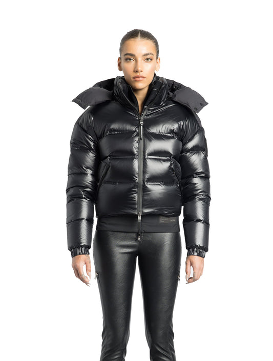 Tempus Women's Performance Short Puffer Jacket in waist length, premium technical nylon taffeta fabrication, Premium Canadian origin White Duck Down insulation, removable down-filled hood, two-way centre-front zipper, fleece-lined zipper pockets at waist, pit zipper vents, in Black