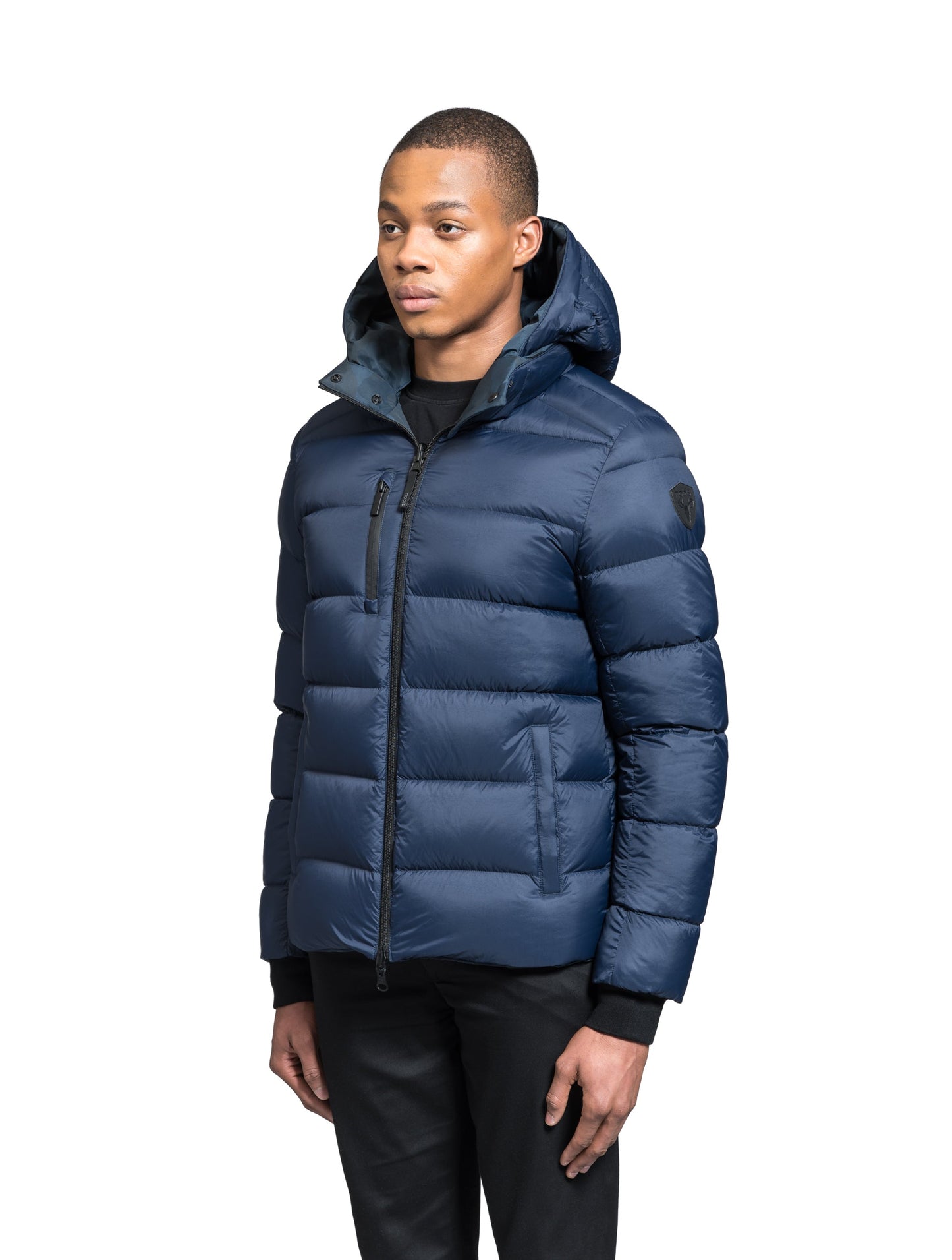 Hip length, reversible men's down filled jacket with removable hood in Navy Camo