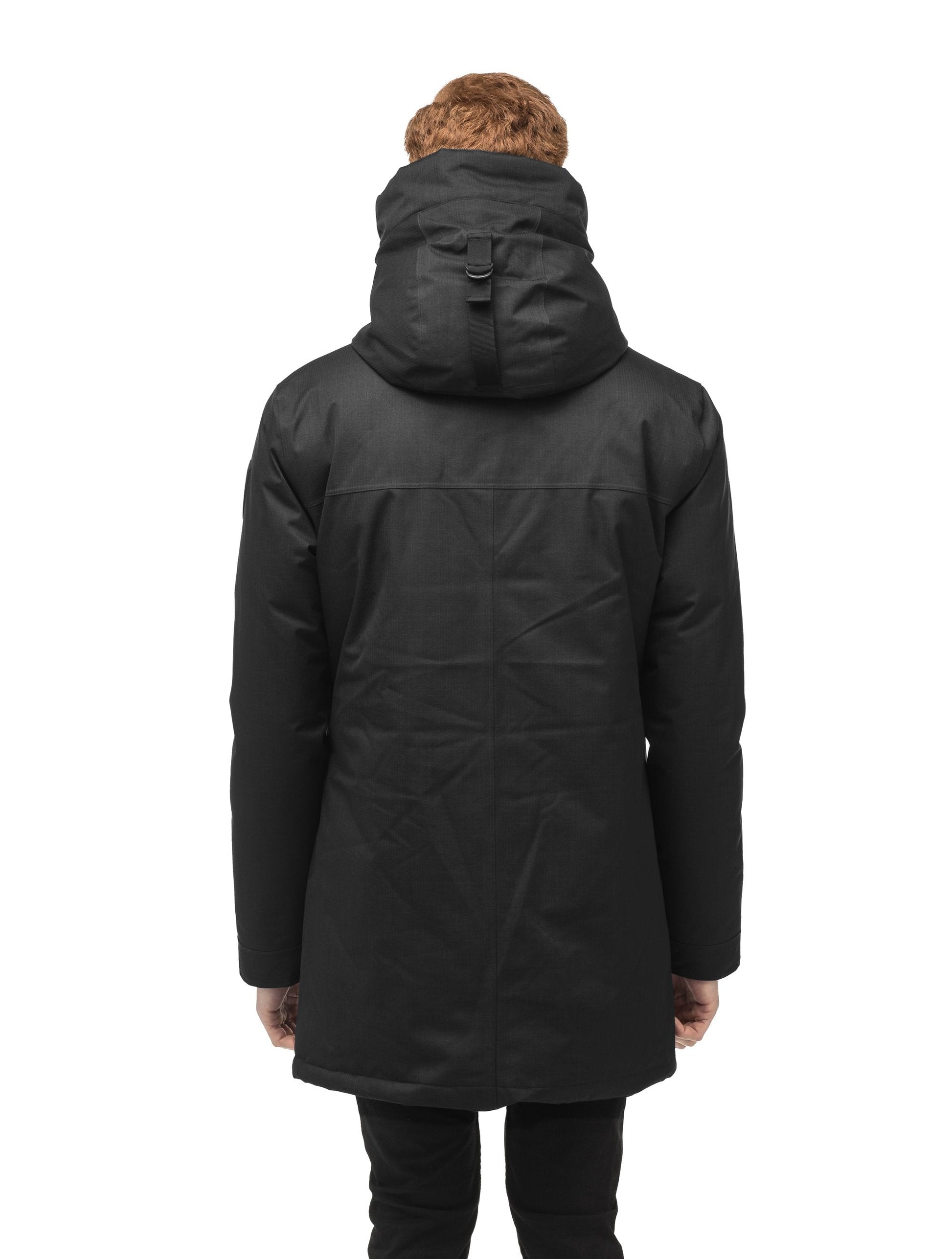 Pierre Men's Jacket in thigh length, Canadian white duck down insulation, non-removable down-filled hood, angled waist pockets, centre-front zipper with wind flap, and elastic ribbed cuffs, in Black