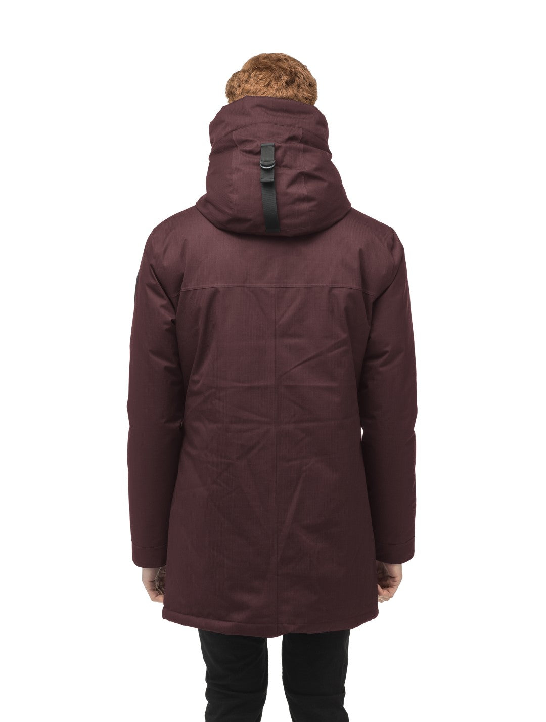 Pierre Men's Jacket in thigh length, Canadian white duck down insulation, non-removable down-filled hood, angled waist pockets, centre-front zipper with wind flap, and elastic ribbed cuffs, in Merlot