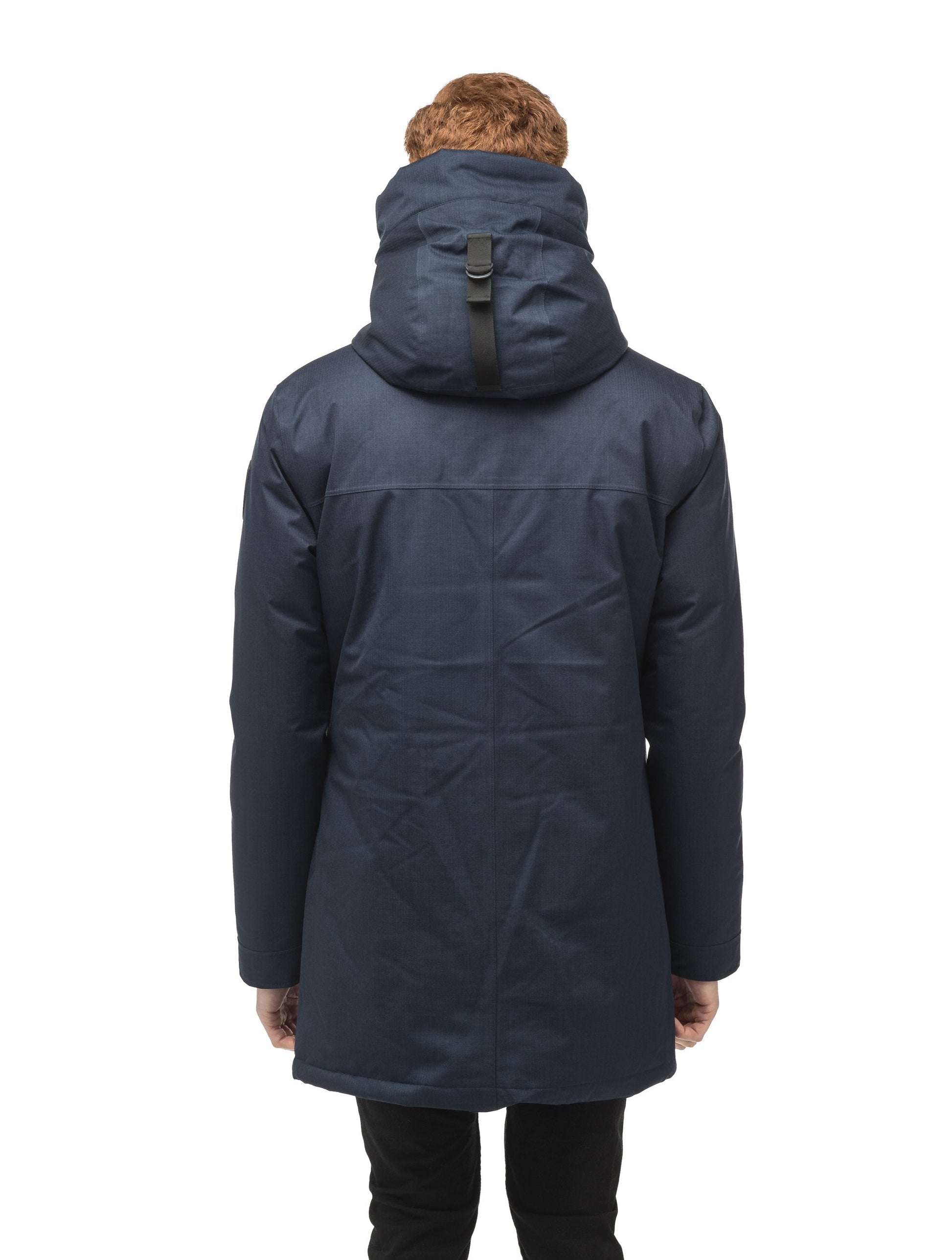 Pierre Men's Jacket in thigh length, Canadian white duck down insulation, non-removable down-filled hood, angled waist pockets, centre-front zipper with wind flap, and elastic ribbed cuffs, in Navy