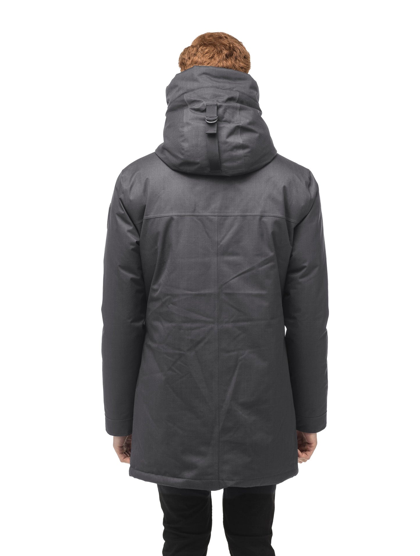 Pierre Men's Jacket in thigh length, Canadian white duck down insulation, non-removable down-filled hood, angled waist pockets, centre-front zipper with wind flap, and elastic ribbed cuffs, in Steel Grey