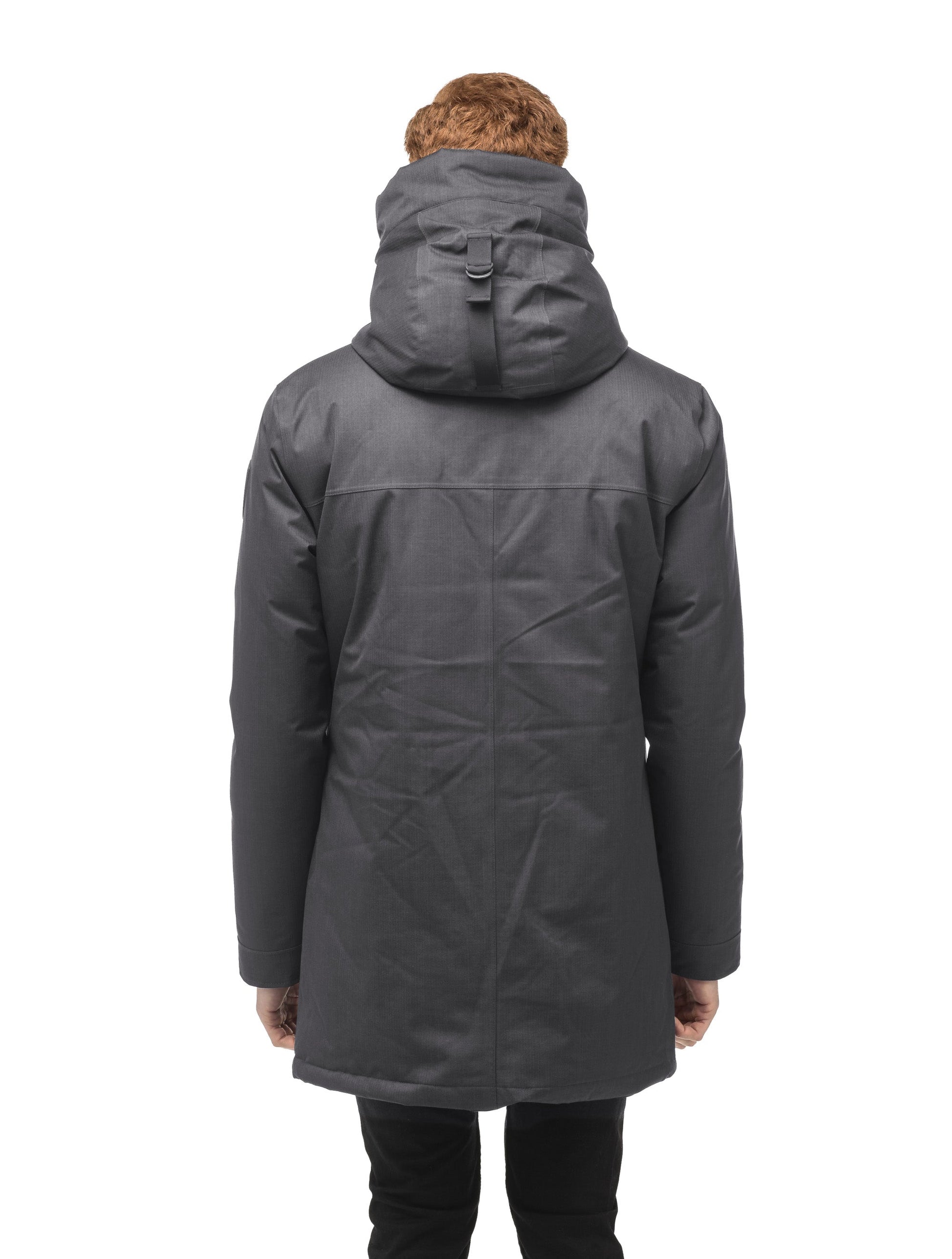 Pierre Men's Jacket in thigh length, Canadian white duck down insulation, non-removable down-filled hood, angled waist pockets, centre-front zipper with wind flap, and elastic ribbed cuffs, in Steel Grey
