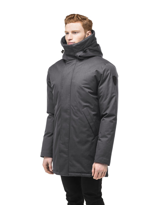 Pierre Men's Jacket in thigh length, Canadian white duck down insulation, non-removable down-filled hood, angled waist pockets, centre-front zipper with wind flap, and elastic ribbed cuffs, in Steel Grey