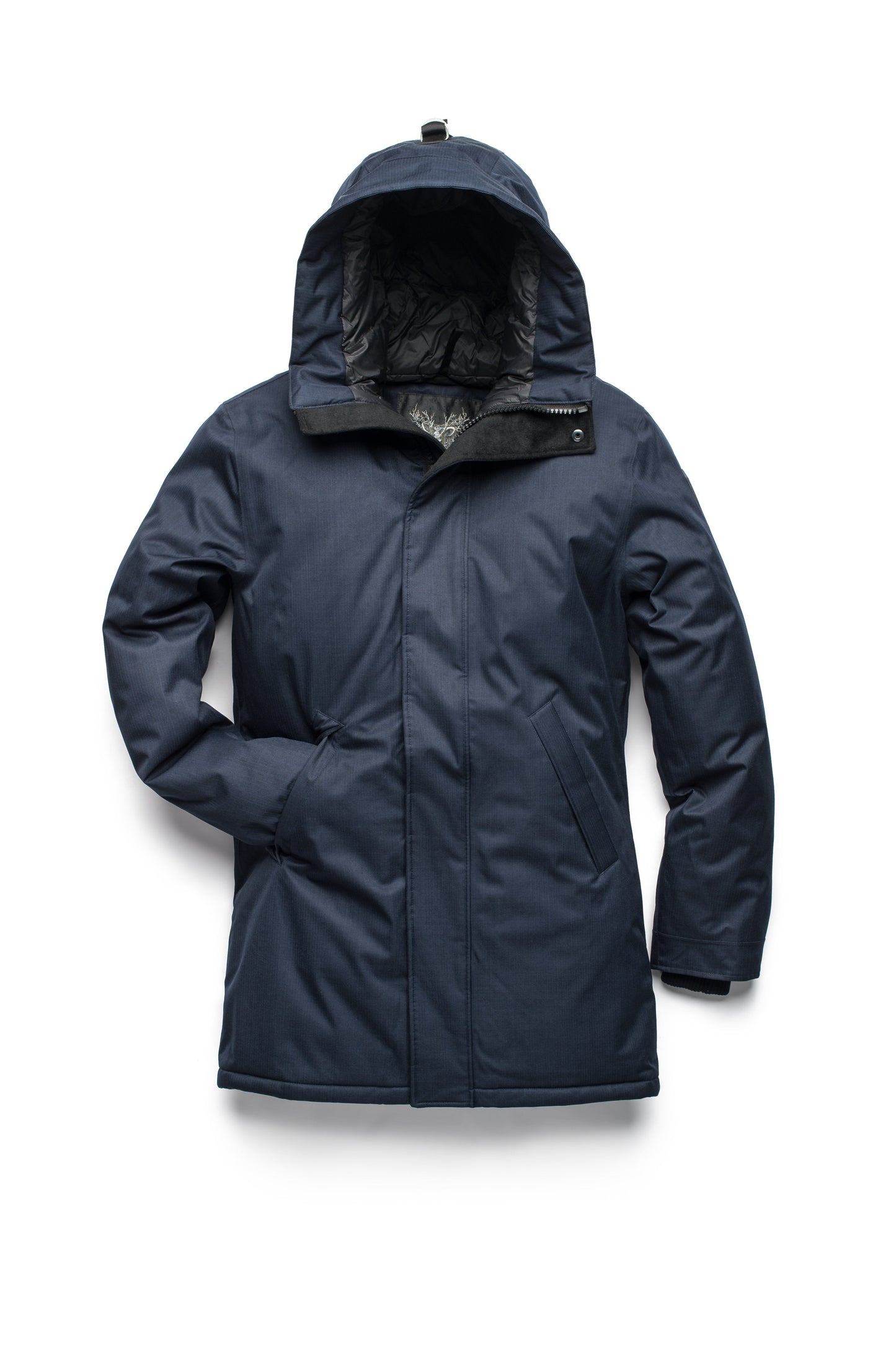 Pierre Men's Jacket in thigh length, Canadian white duck down insulation, non-removable down-filled hood, angled waist pockets, centre-front zipper with wind flap, and elastic ribbed cuffs, in Navy