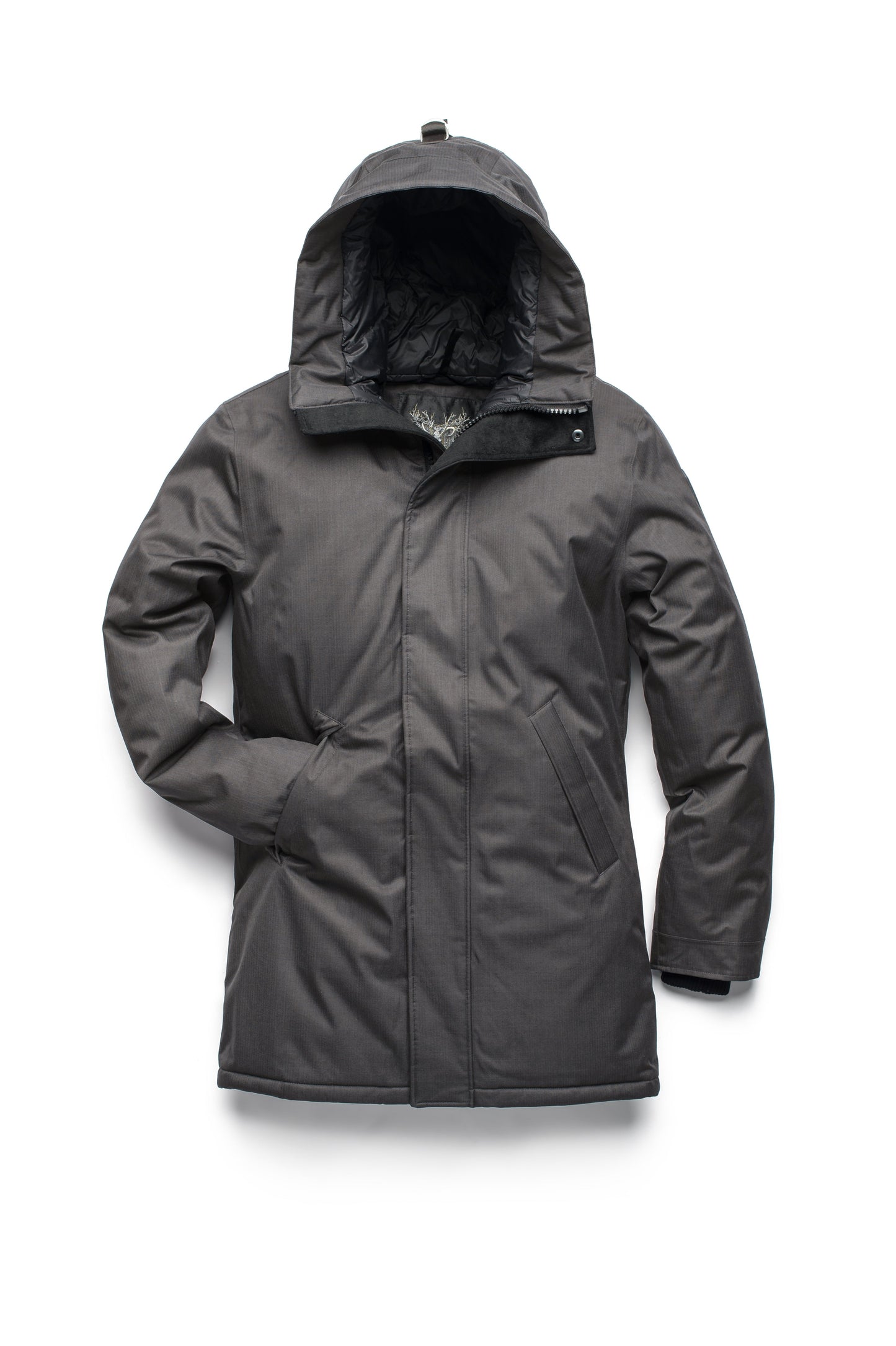 Pierre Men's Jacket in thigh length, Canadian white duck down insulation, non-removable down-filled hood, angled waist pockets, centre-front zipper with wind flap, and elastic ribbed cuffs, in Steel Grey