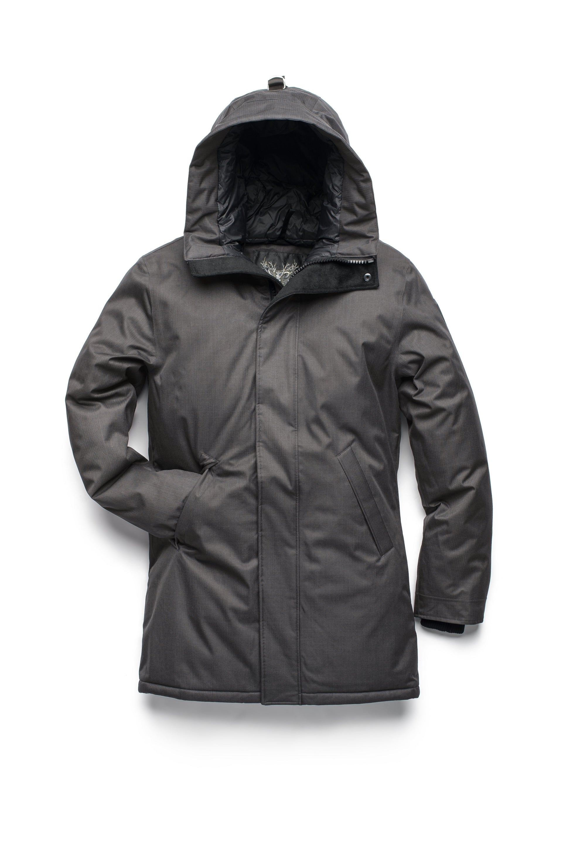 Pierre Men's Jacket in thigh length, Canadian white duck down insulation, non-removable down-filled hood, angled waist pockets, centre-front zipper with wind flap, and elastic ribbed cuffs, in Steel Grey