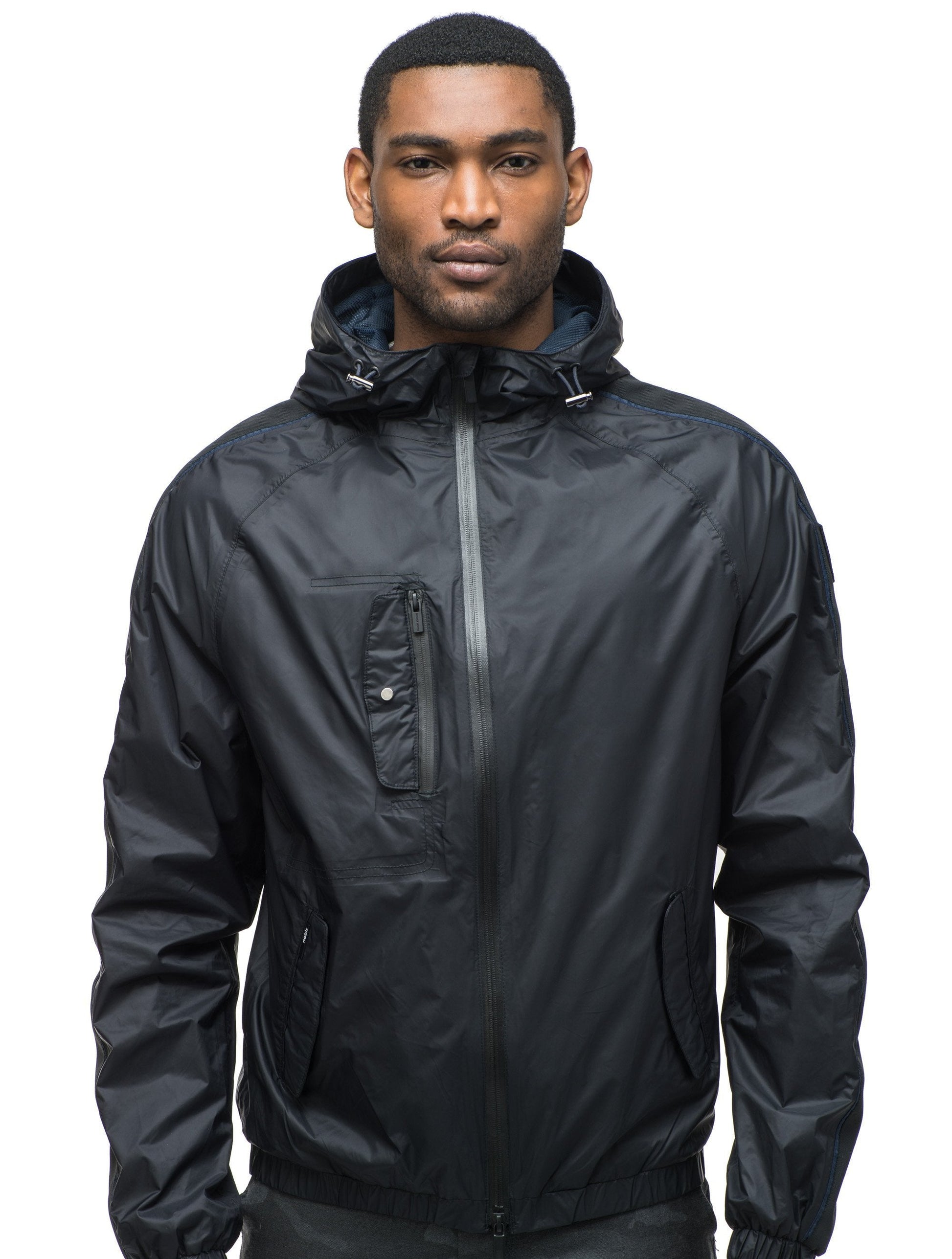 Men's waist length windbreaker with hood in Black