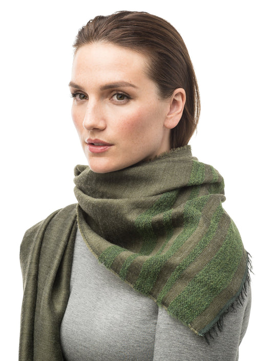 Woven scarf with contrasting chenille stripes and fringe finish on ends in Cypress