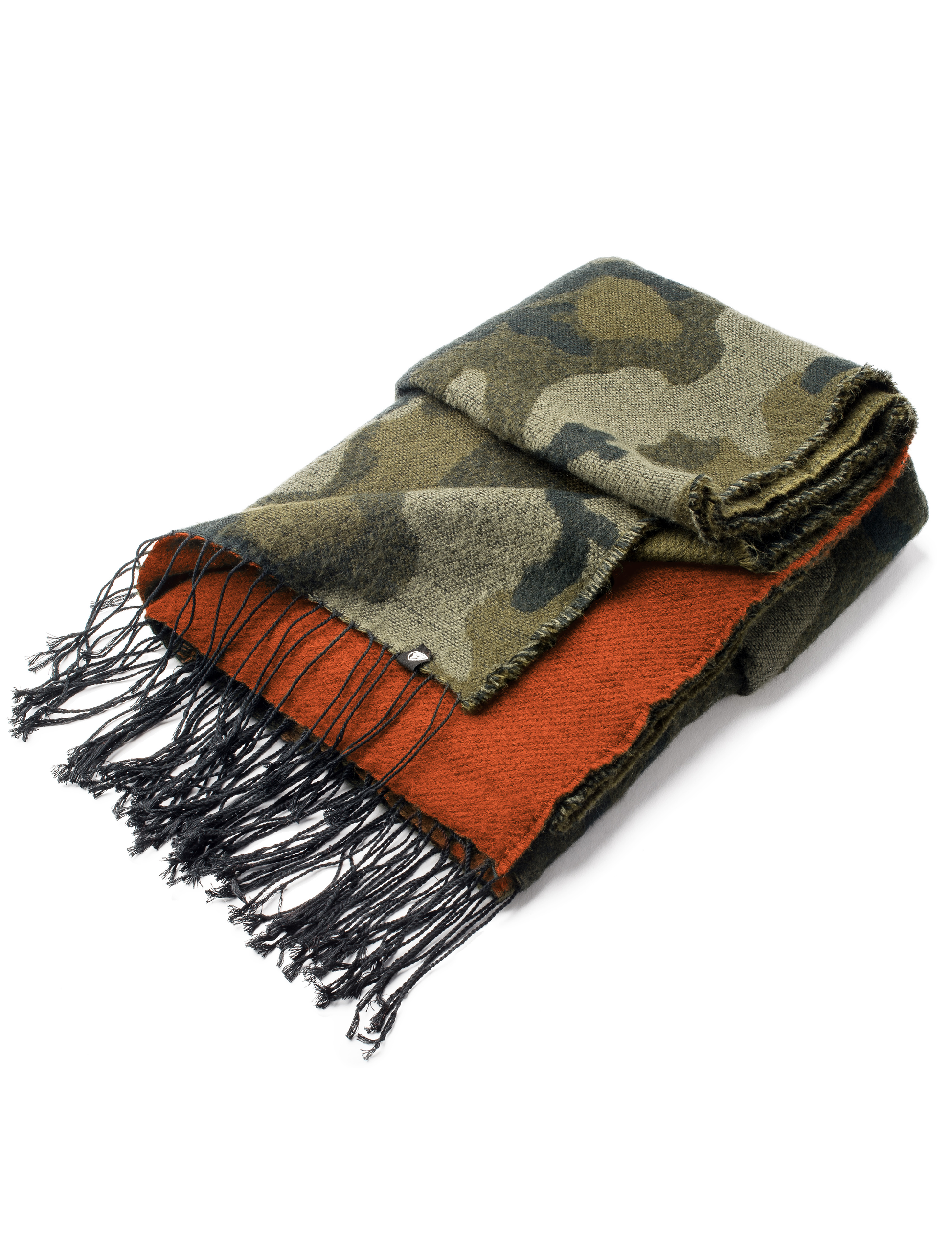 Over sized acrylic scarf that is just over six feet long just over two and a half feet wide, one side has a Camo print and the other side is orange with a dark green tassel trim