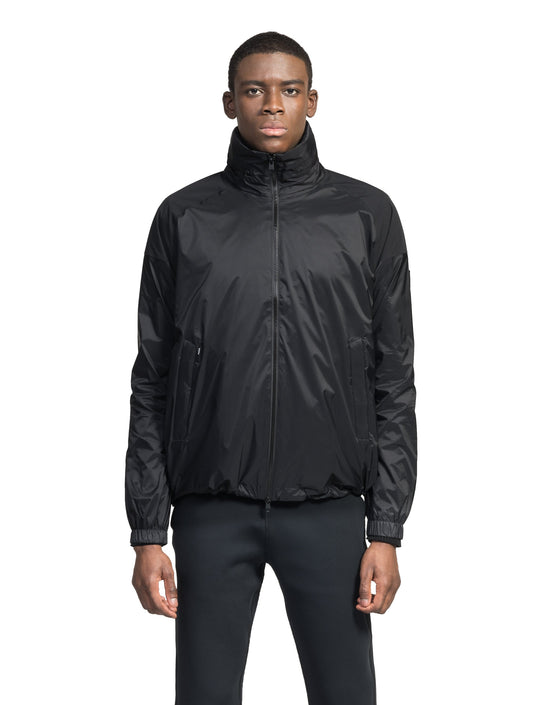 Men's hip length waterproof jacket with tuckable hood and 2-way zipper in Black