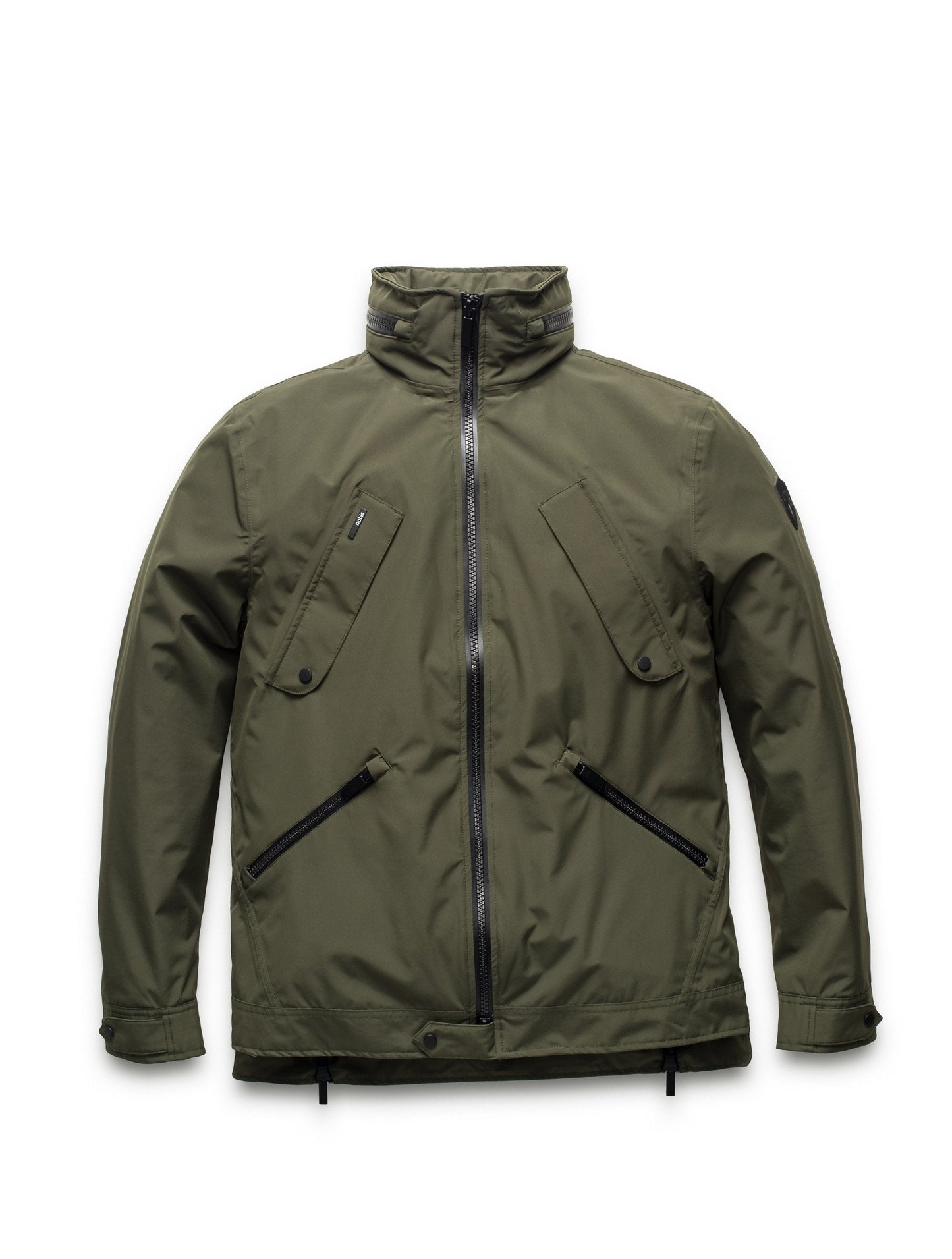 Men's waist length waterproof jacket with exposed zipper in Fatigue
