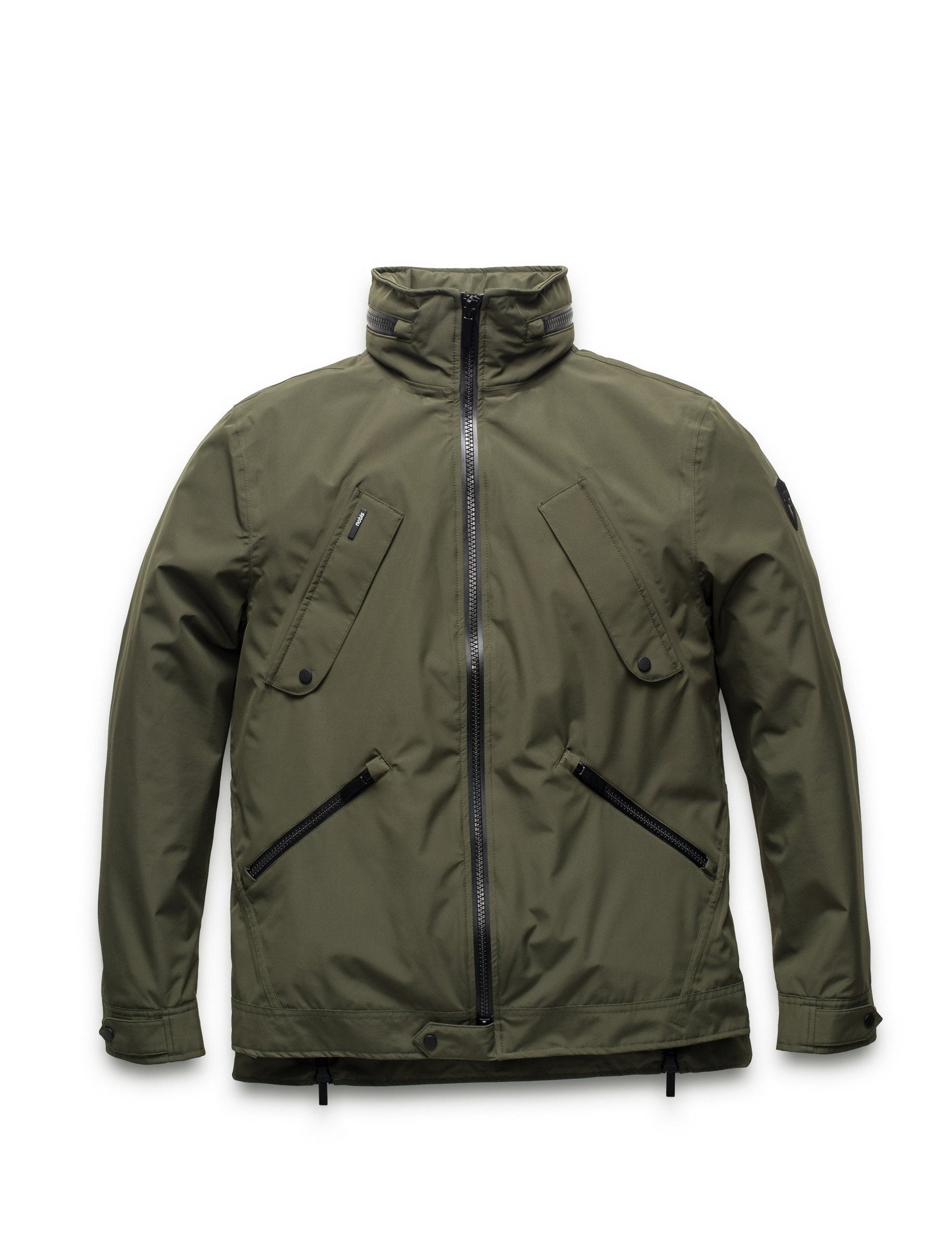 Men's waist length waterproof jacket with exposed zipper in Fatigue