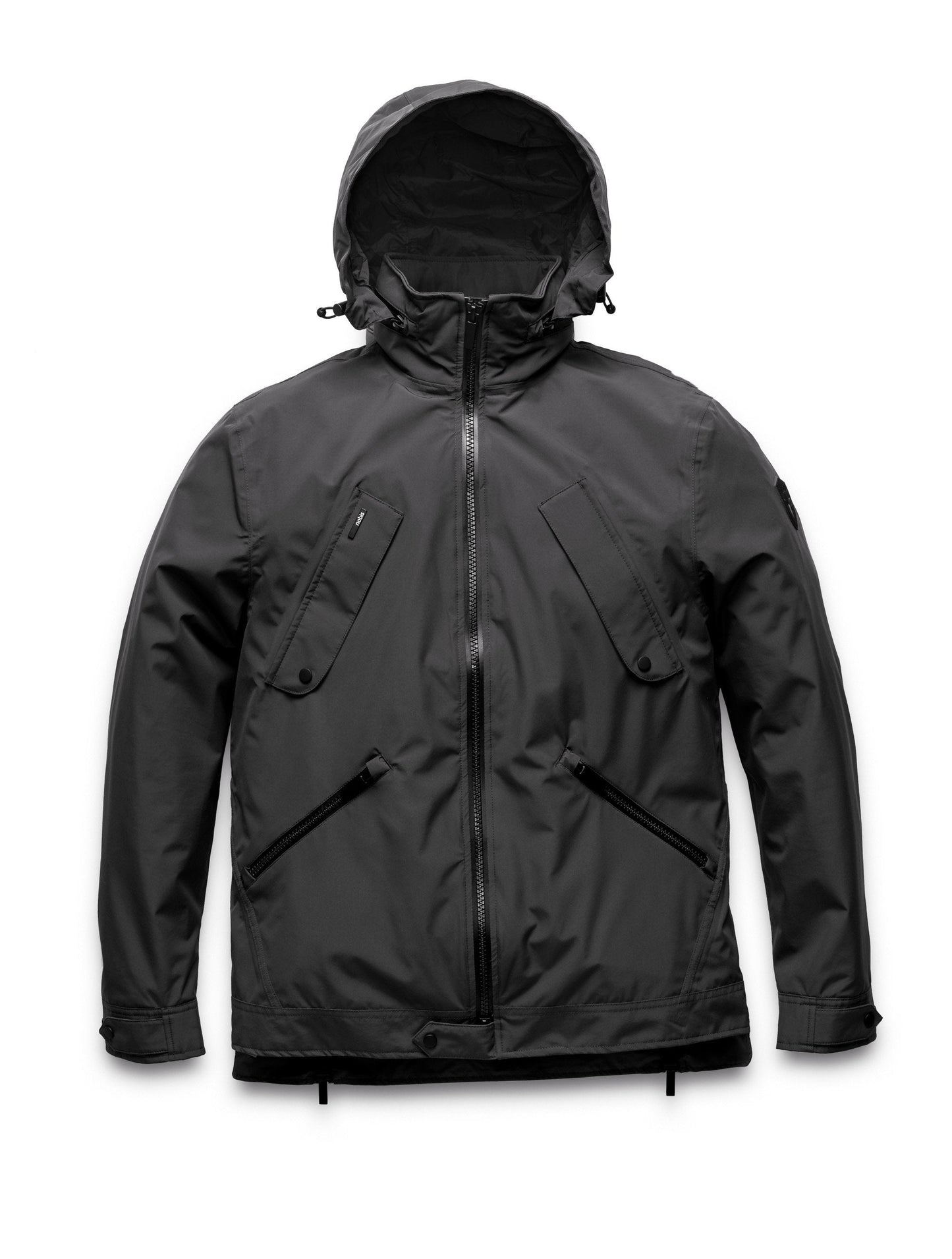 Men's waist length waterproof jacket with exposed zipper in Black