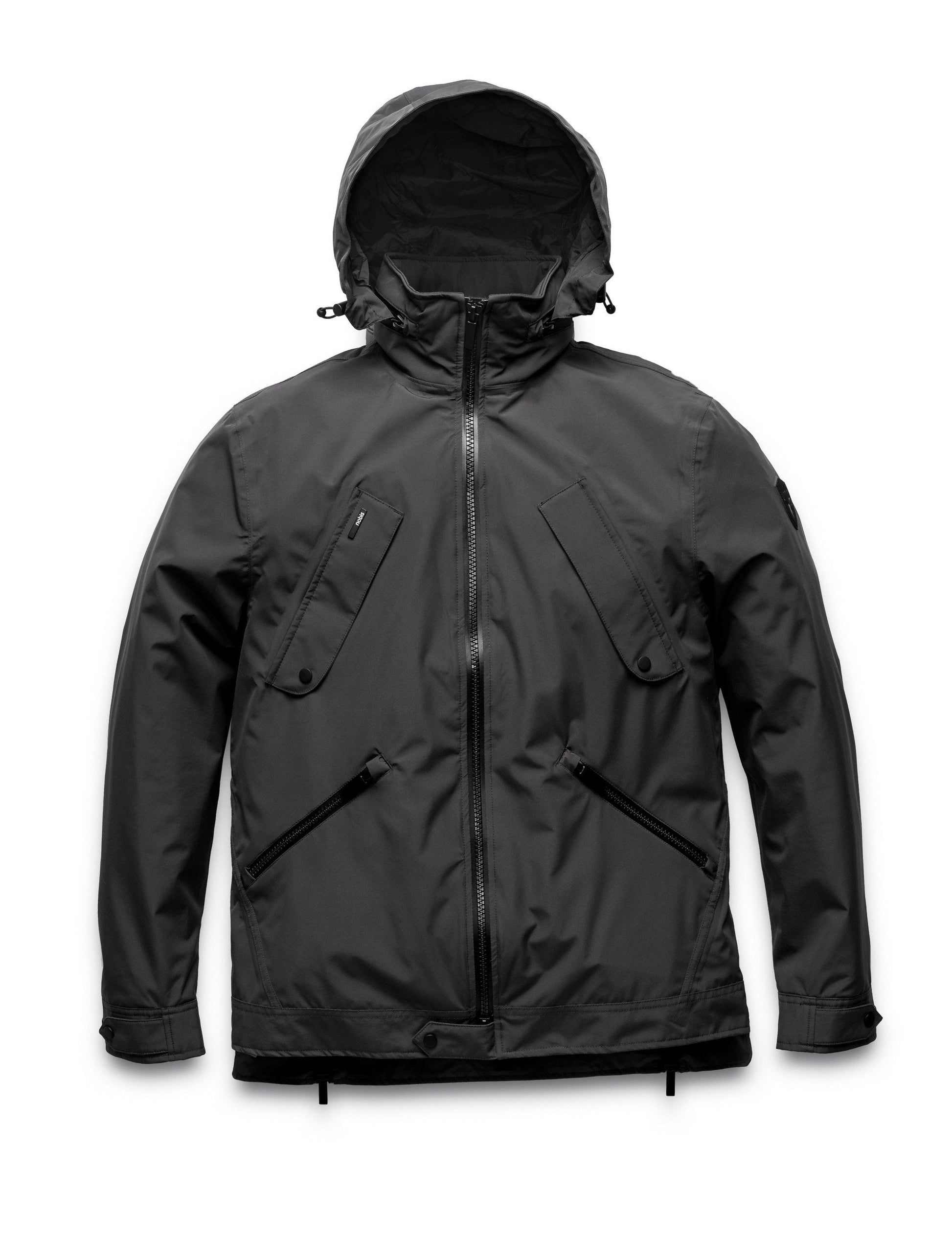 Men's waist length waterproof jacket with exposed zipper in Black