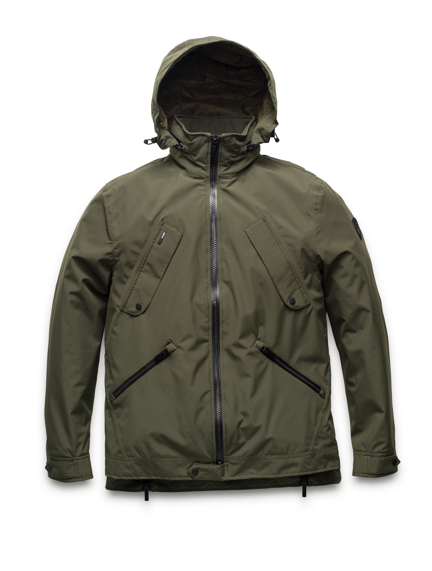 Men's waist length waterproof jacket with exposed zipper in Fatigue