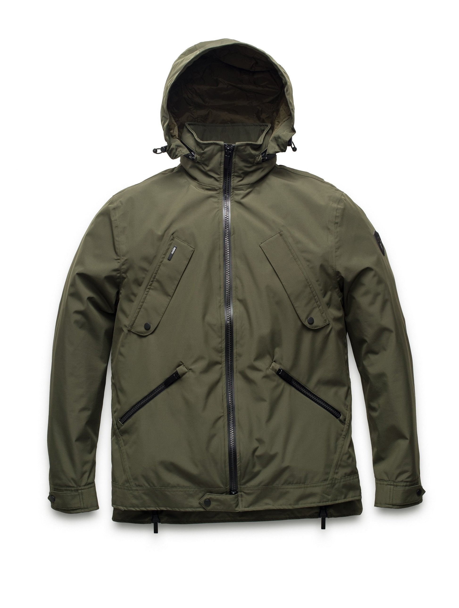 Men's waist length waterproof jacket with exposed zipper in Fatigue