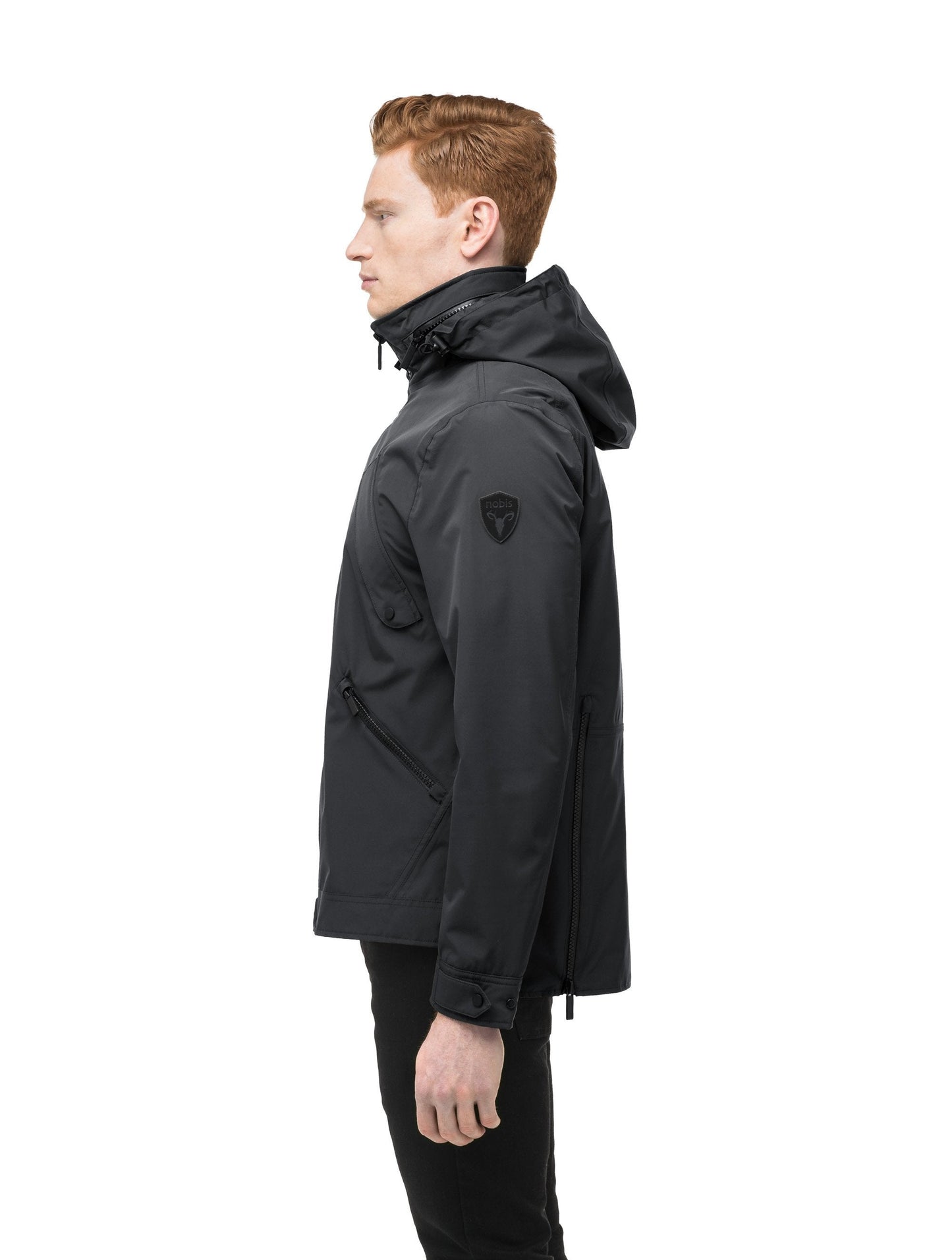 Men's waist length waterproof jacket with exposed zipper in Black