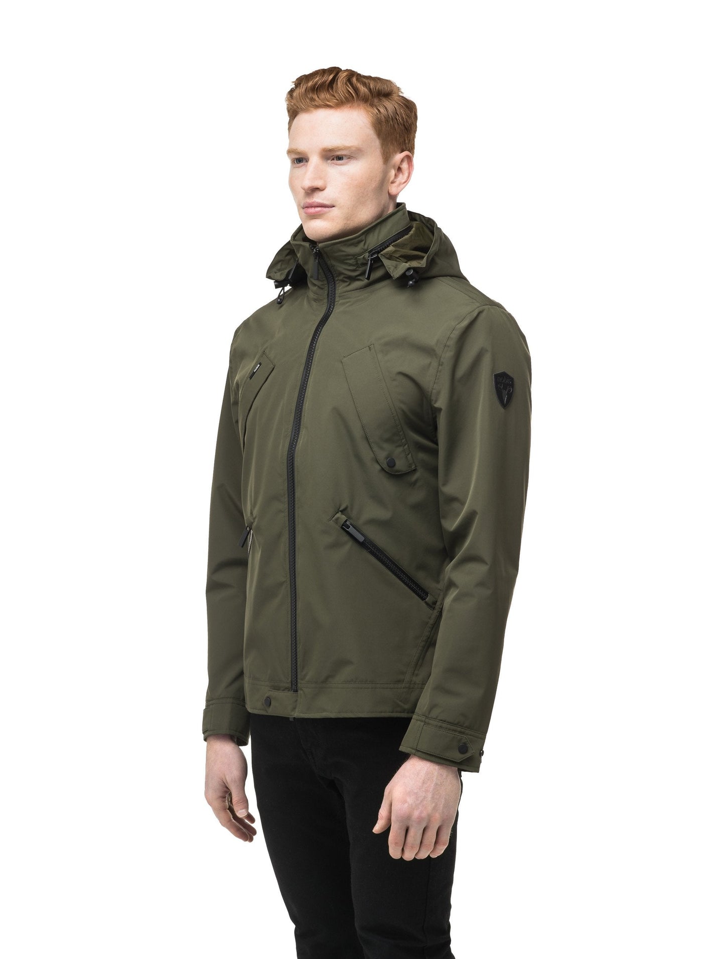 Men's waist length waterproof jacket with exposed zipper in Fatigue