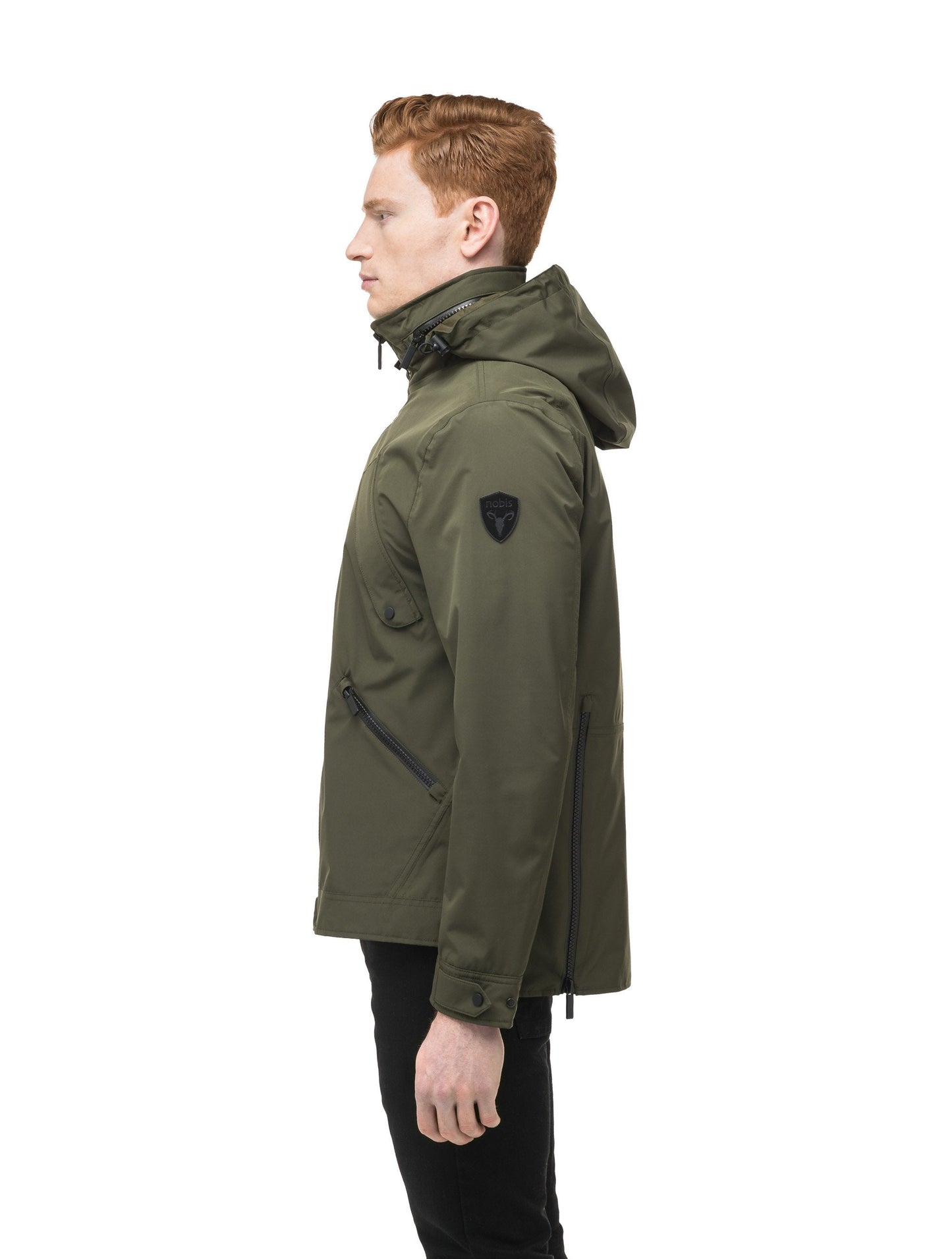 Men's waist length waterproof jacket with exposed zipper in Fatigue