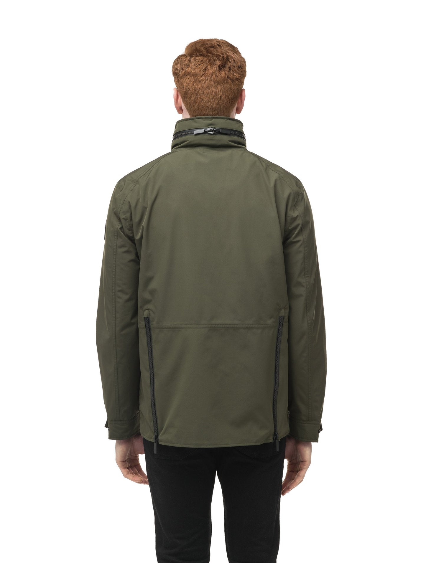 Men's waist length waterproof jacket with exposed zipper in Fatigue