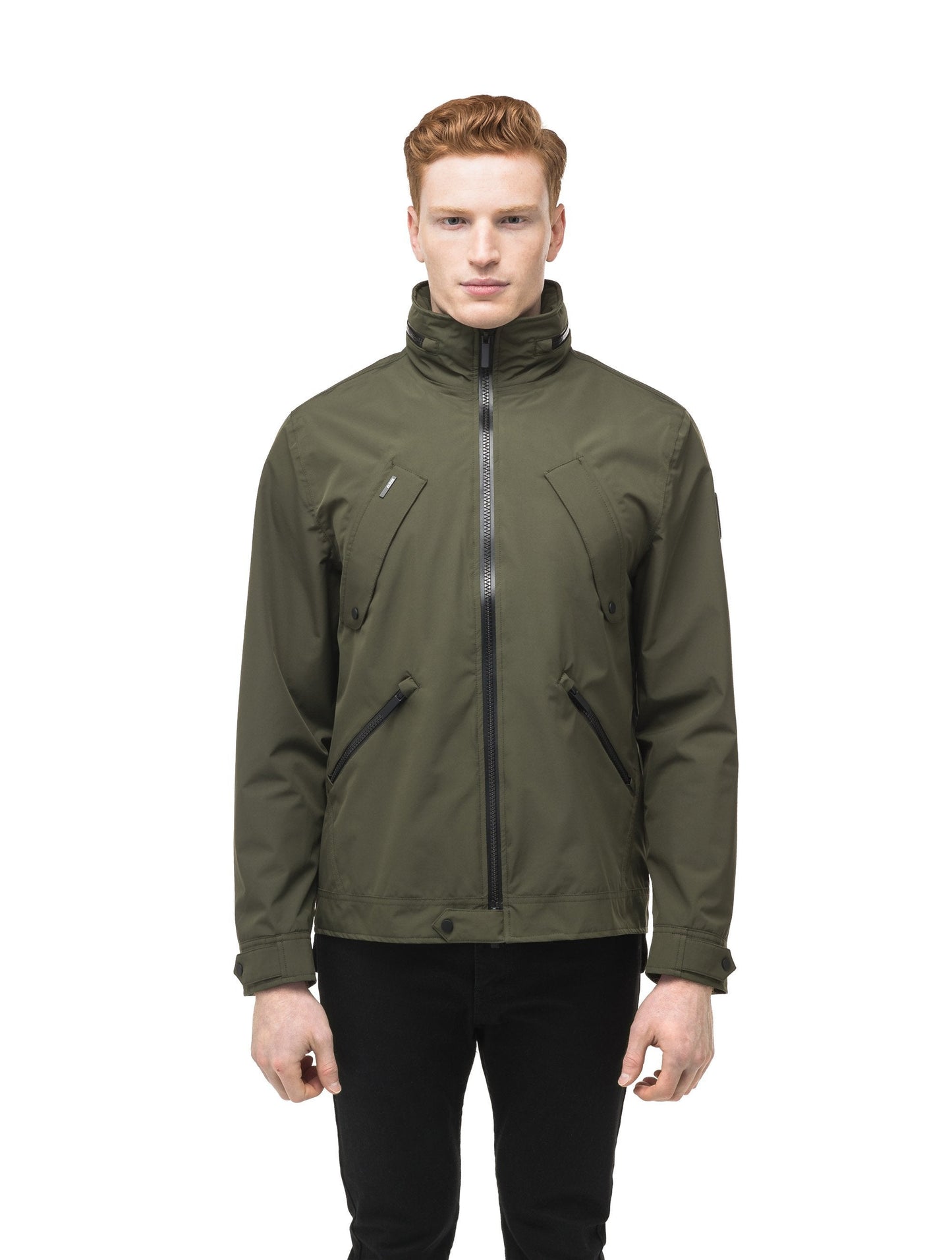 Men's waist length waterproof jacket with exposed zipper in Fatigue