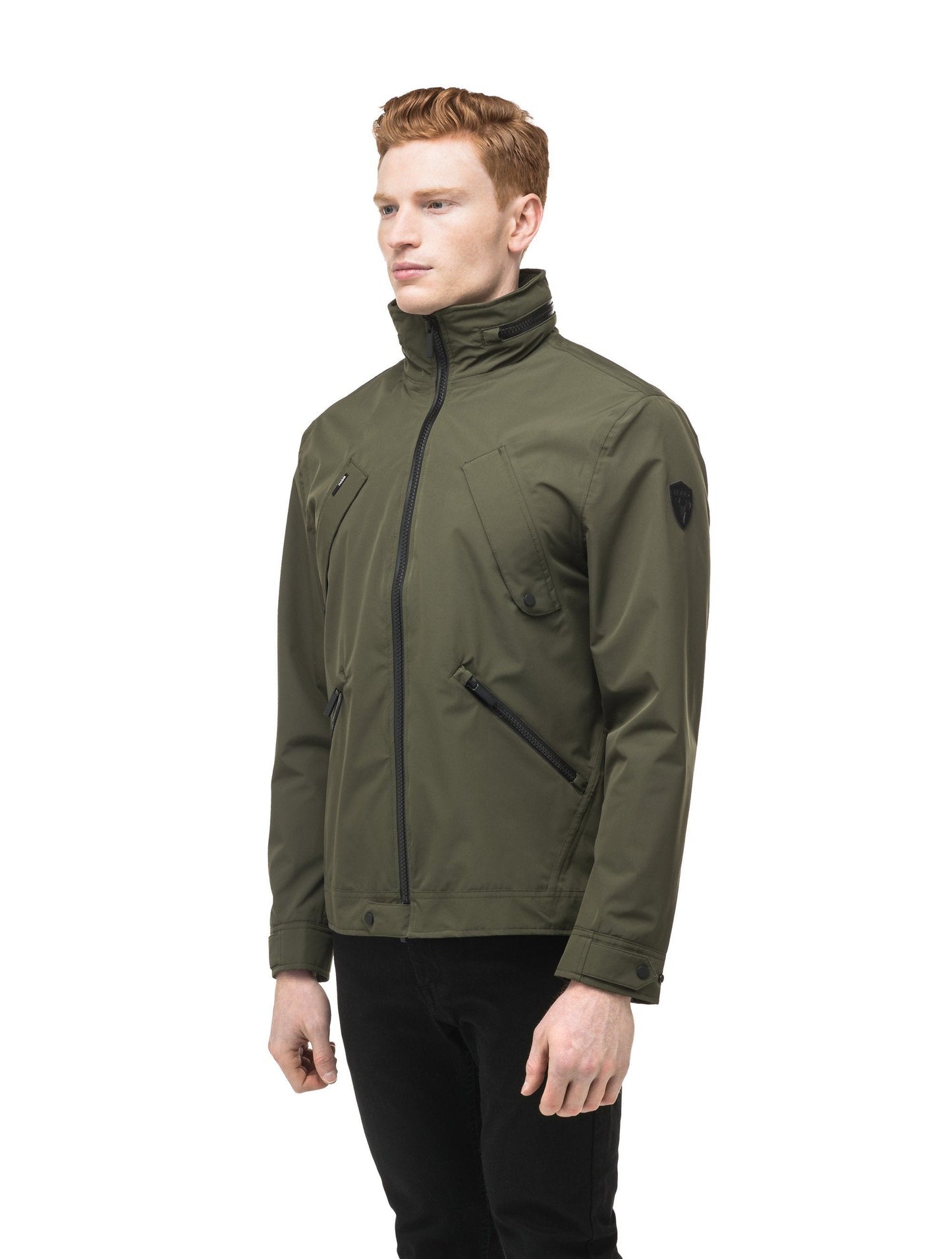 Men's waist length waterproof jacket with exposed zipper in Fatigue