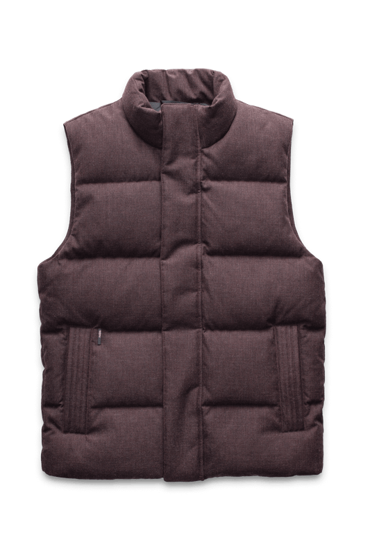 Vale Men's Quilted Vest in hip length, Canadian duck down insulation, and two-way zipper, in H. Burgundy