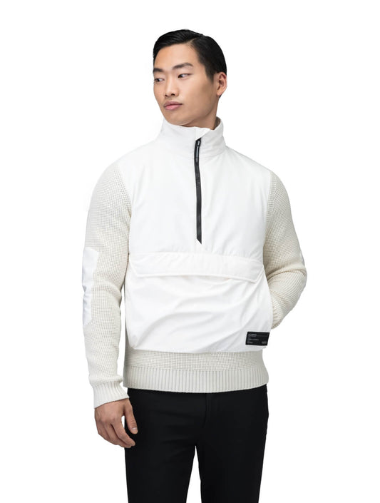 Wai Men's Performance Half Zip Sweater in hip length, 3-Ply Micro Denier and Merino wool knit fabrication, Primaloft Gold Insulation Active+, centre front zipper, flap kangaroo pocket with magnetic closure, and hidden side-entry zipper pockets at waist, in Chalk