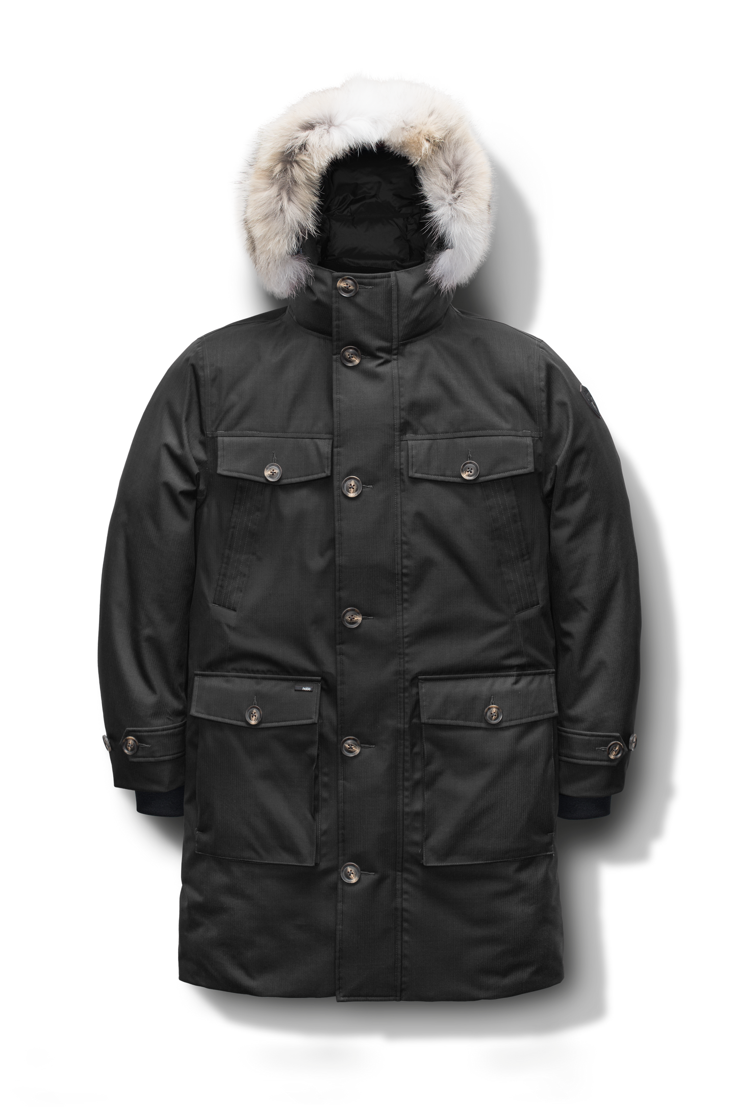 Citizen Men's Tailored Parka in knee length, Canadian duck down insulation, non-removable hood, and two-way zipper, in Black