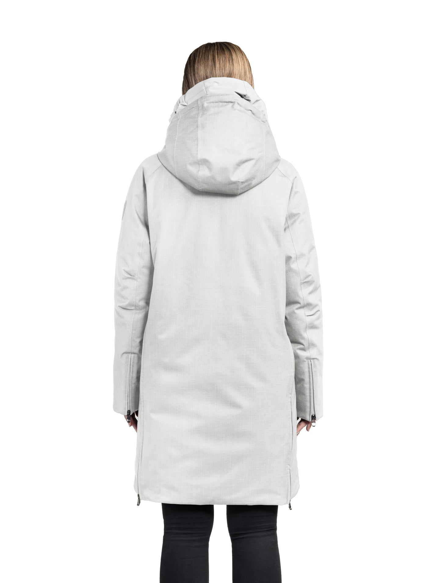 Dory Women's Tailored Back Zip Parka in knee length, premium Crosshatch fabrication, Premium Canadian White Duck Down insulation, non-removable down-filled hood, removable interior hood, centre front two-way zipper with wind flap, vertical zipper detailing along back, in Concrete