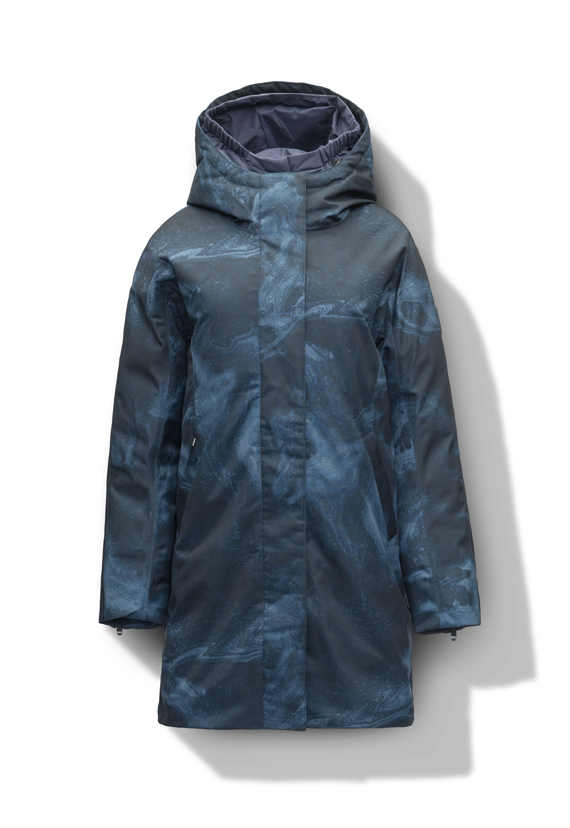 Dory Women's Tailored Back Zip Parka in knee length, premium Crosshatch fabrication, Premium Canadian White Duck Down insulation, non-removable down-filled hood, removable interior hood, centre front two-way zipper with wind flap, vertical zipper detailing along back, in Navy