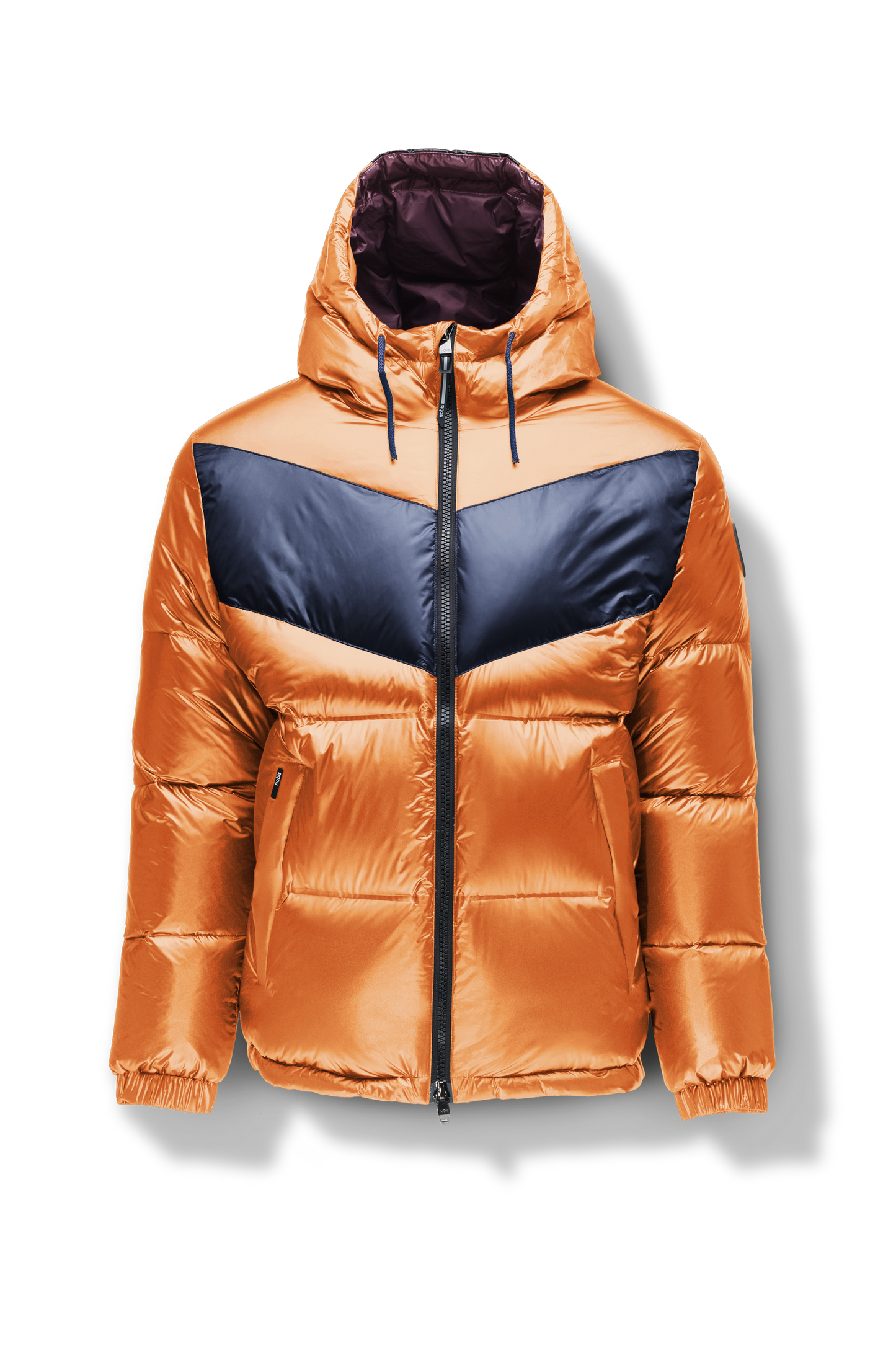 Dyna Men's Chevron Quilted Puffer Jacket in hip length, premium cire technical nylon taffeta fabrication, Premium Canadian origin White Duck Down insulation, non-removable down-filled hood, two-way centre-front zipper, fleece-lined zipper pockets at waist, pit zipper vents, in Burnt Orange