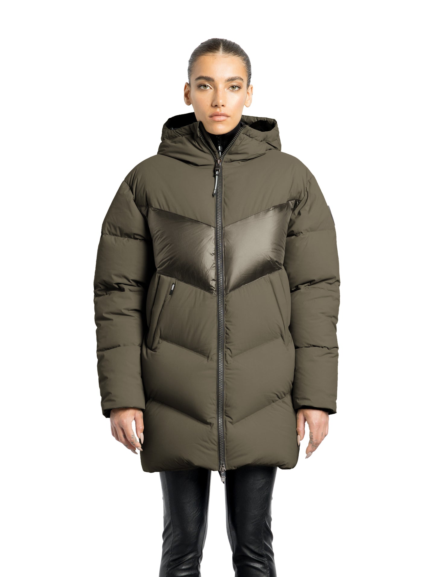 Isla Women's Chevron Quilted Puffer Jacket in thigh length, premium technical nylon taffeta fabrication, Premium Canadian origin White Duck Down insulation, non-removable down-filled hood, two-way centre-front zipper, zipper pockets at waist, contrast cire technical nylon taffeta detailing on chest and back, in Fatigue