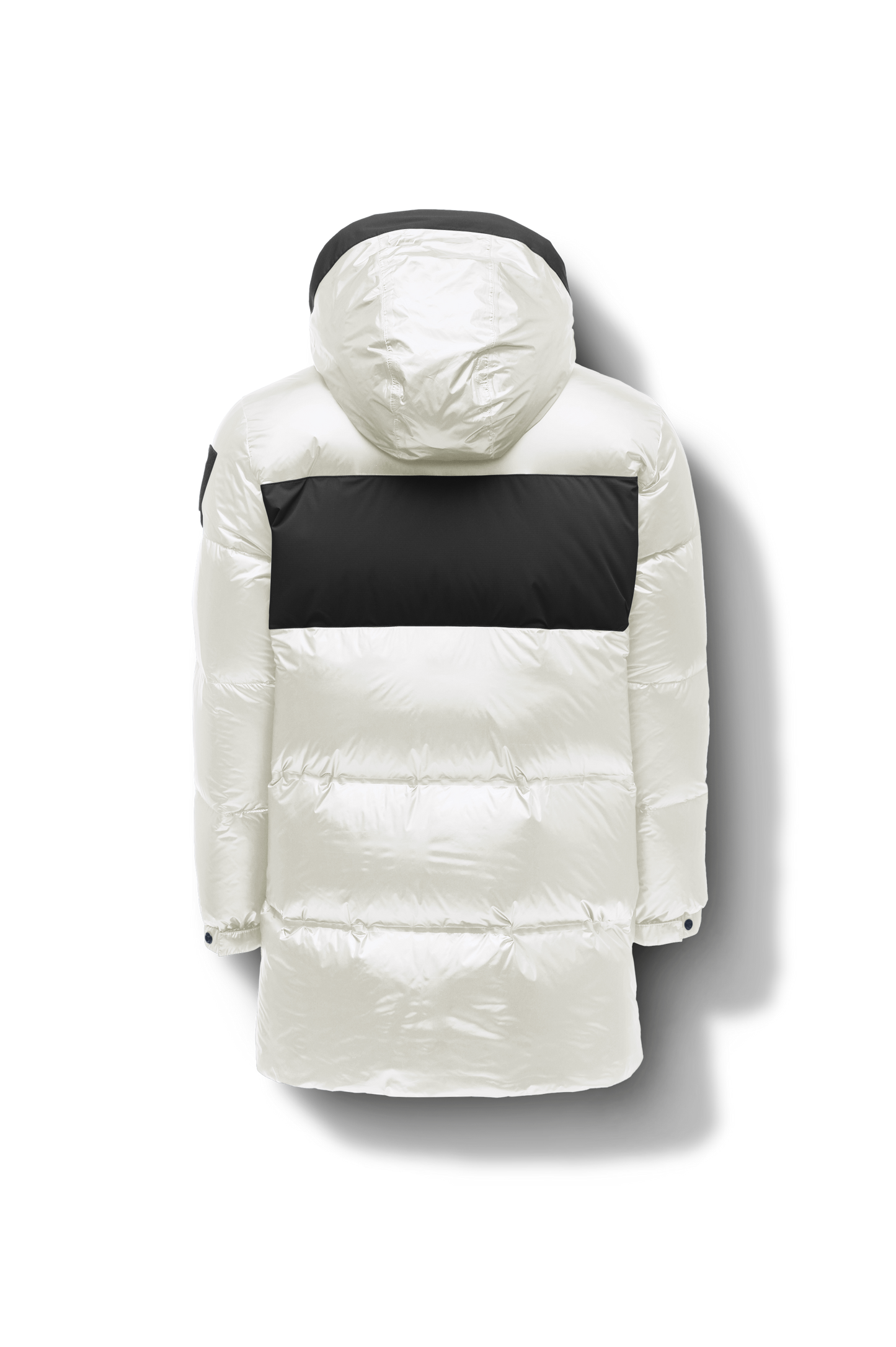 Neelix Men's Long Puffer Jacket in thigh length, premium cire technical nylon taffeta and stretch ripstop fabrication, Premium Canadian origin White Duck Down insulation, non-removable down-filled hood, two-way centre-front zipper, pit zipper vents, hidden chest zipper pockets, fleece-lined magnetic closure waist pockets, in Chalk