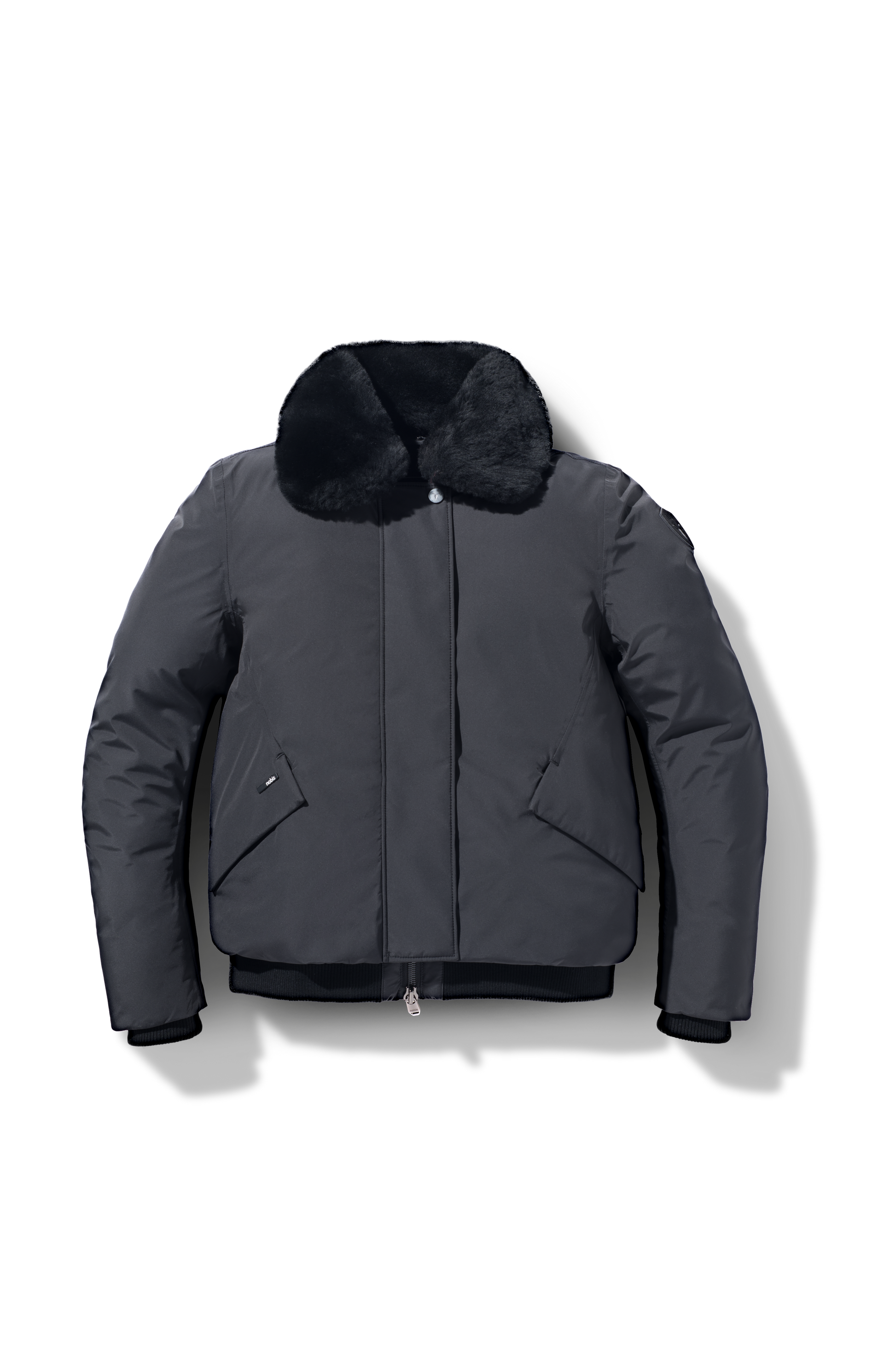 Rae Ladies Aviator Jacket in hip length, Canadian duck down insulation, removable shearling collar with hidden tuckable hood, and two-way front zipper, in Black