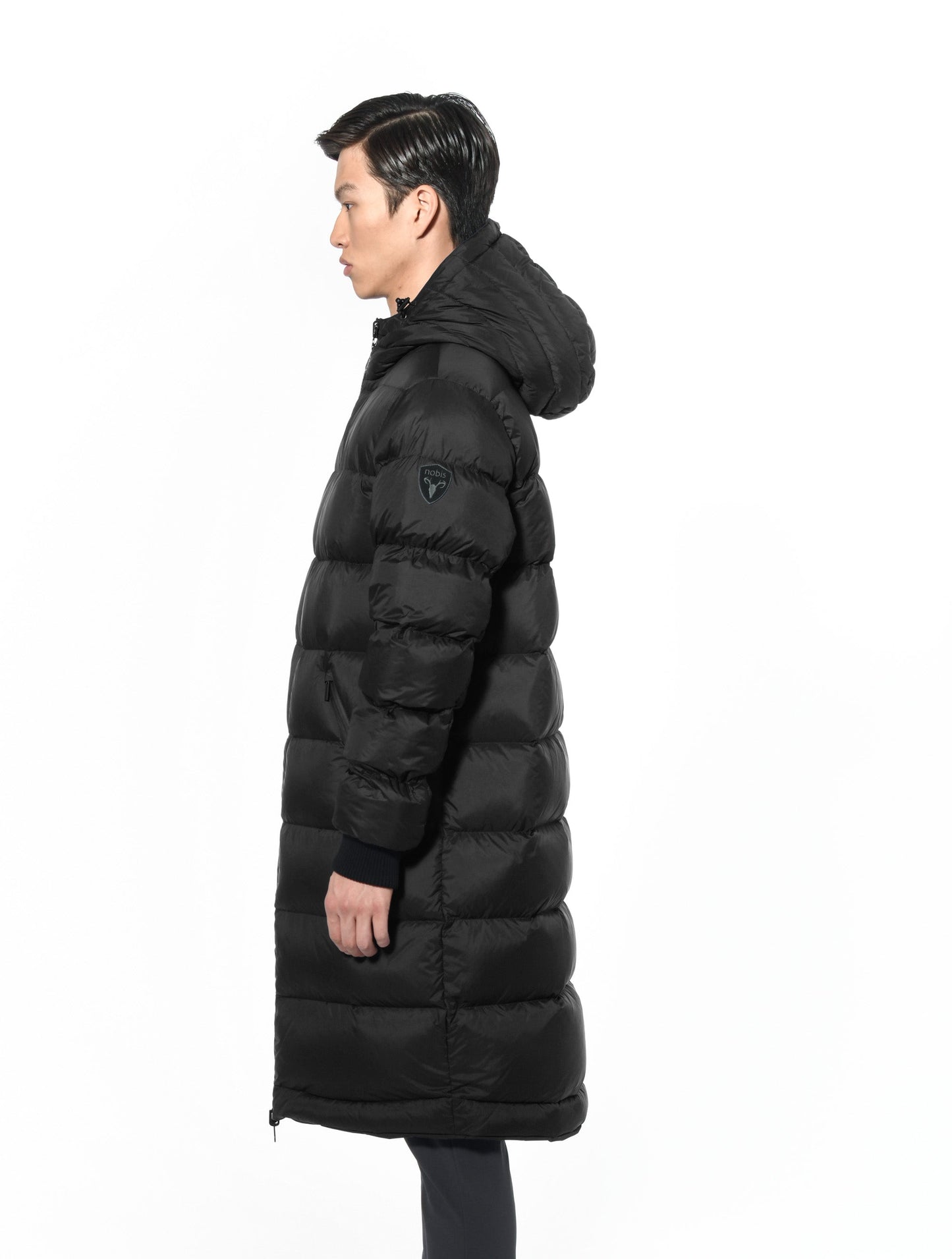Men's knee length reversible down-filled parka with non-removable hood in Black