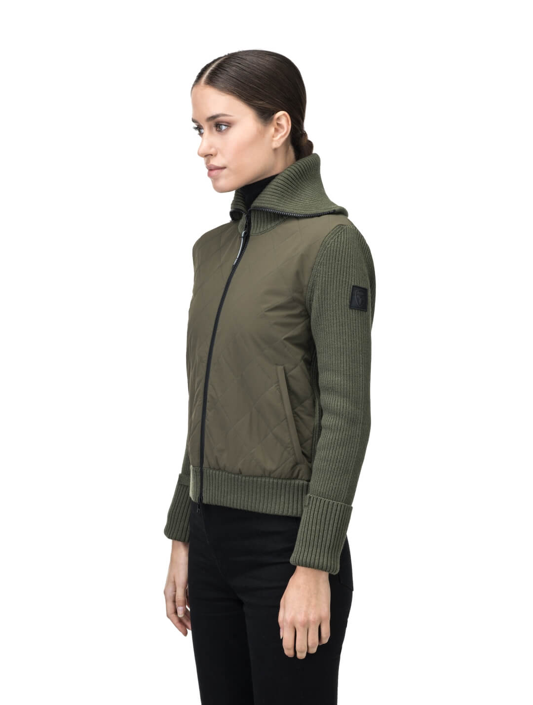 Ada Ladies Quilted Full Zip Sweater in hip length, PrimaLoft Gold Insulation Active+, Durable 4-Way Stretch Weave quilted torso, Merino wool knit collar, sleeves, back, and cuffs, two-way front zipper, and hidden waist pockets, in Fatigue