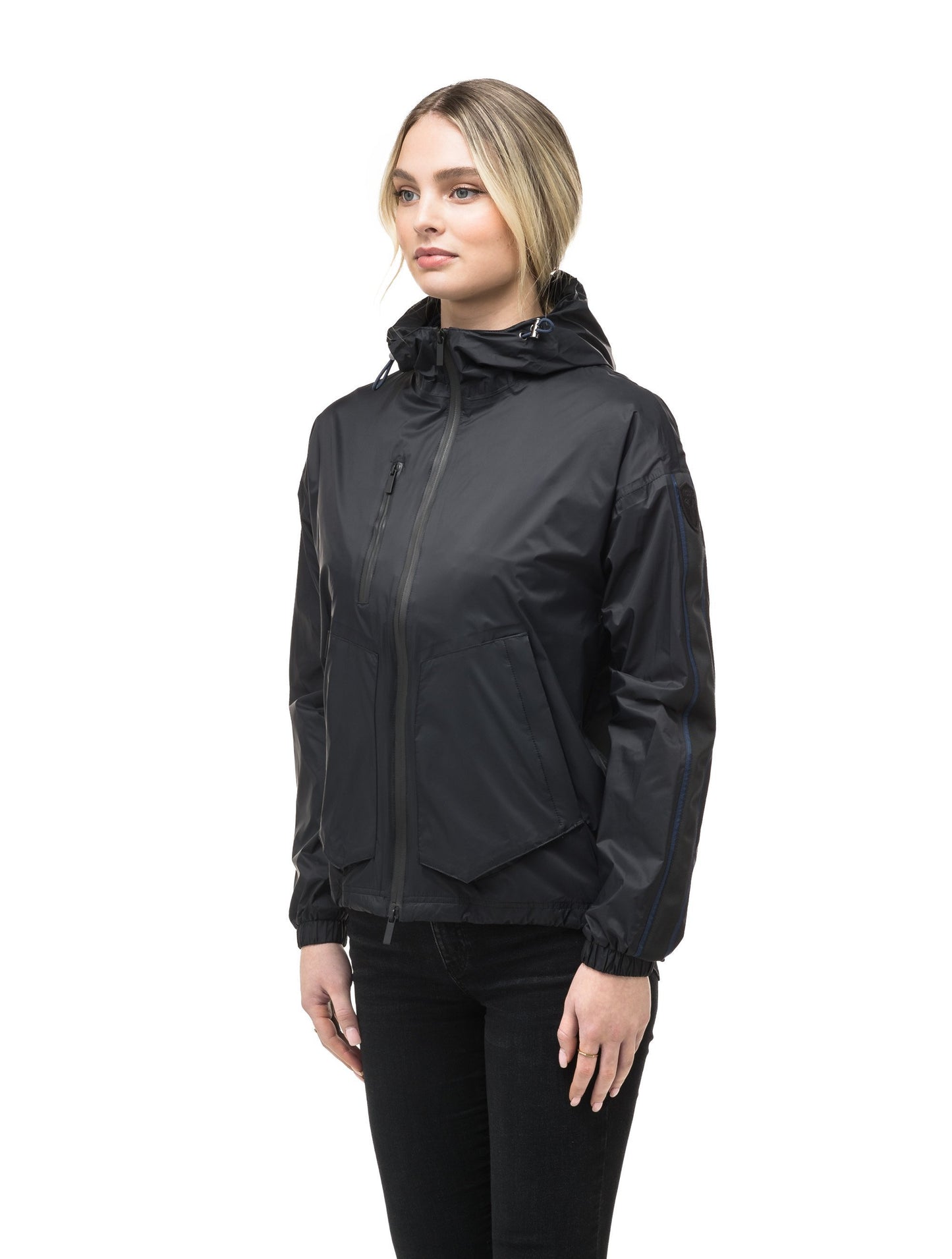 Women's waist length windbreaker with hood in Black