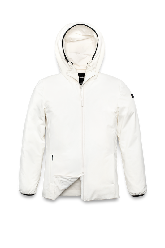 Ladies hip length mid layer jacket with non-removable hood and two-way zipper in Chalk