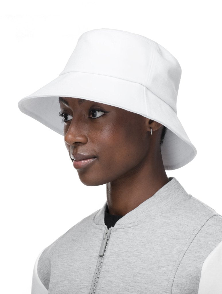 Unisex wide brim bucket hat with stitching detail on brim in Optic White