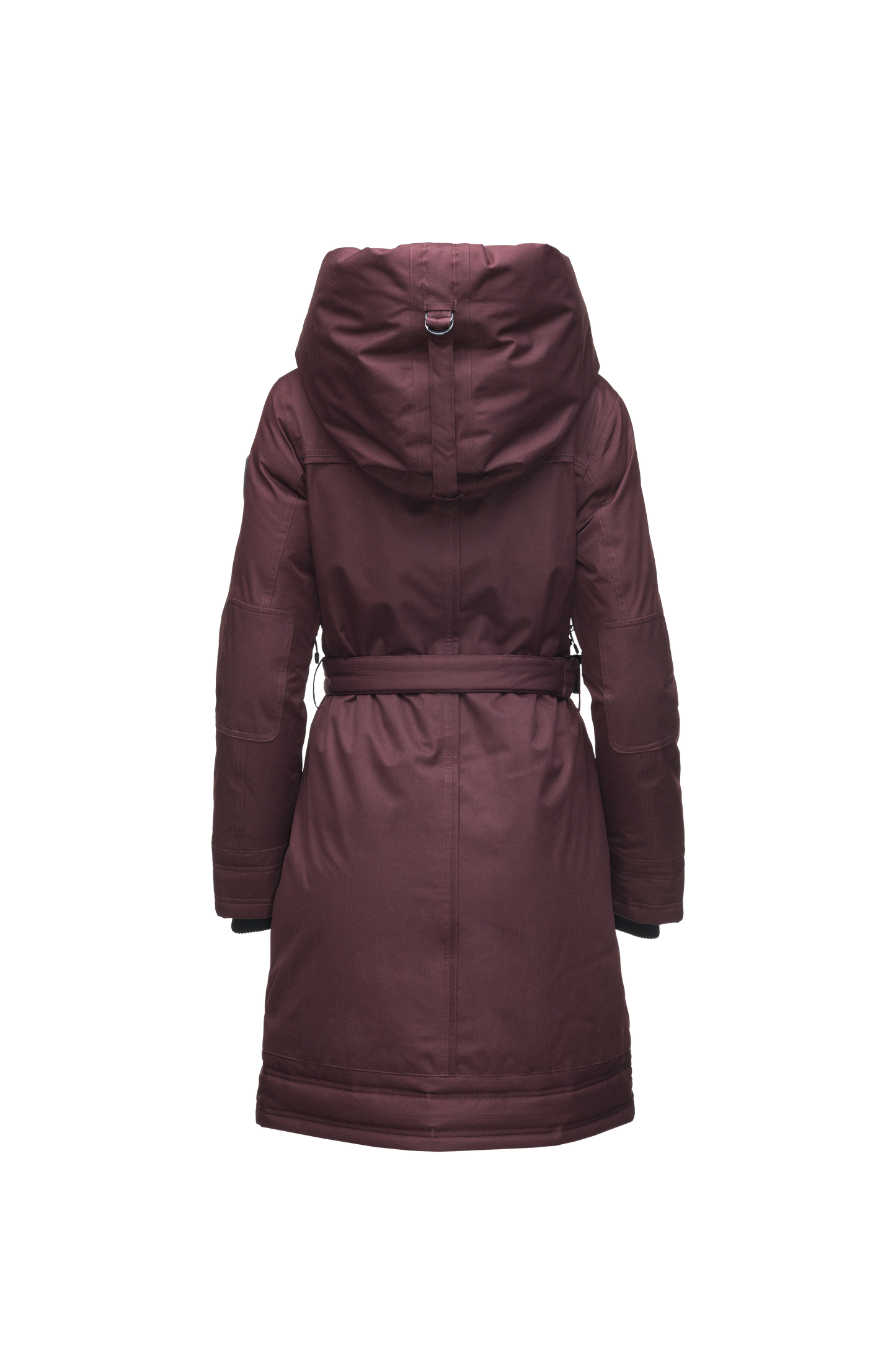 Women's Thigh length own parka with a furless oversized hood in Merlot