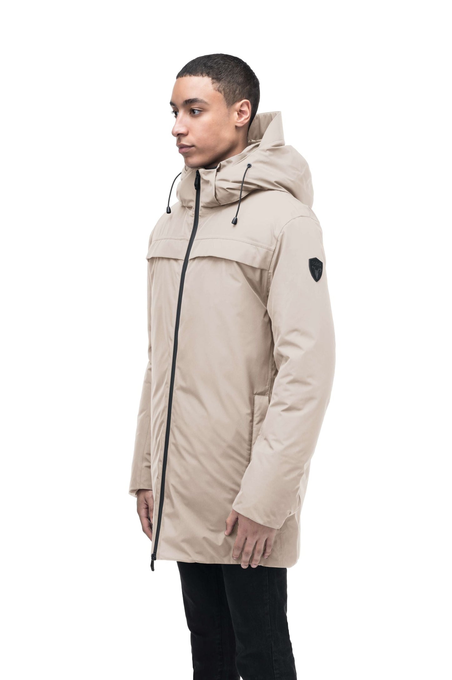 Atlas Men's Performance Parka in thigh length, Canadian duck down insulation, removable hood, and two-way zipper, in Clay