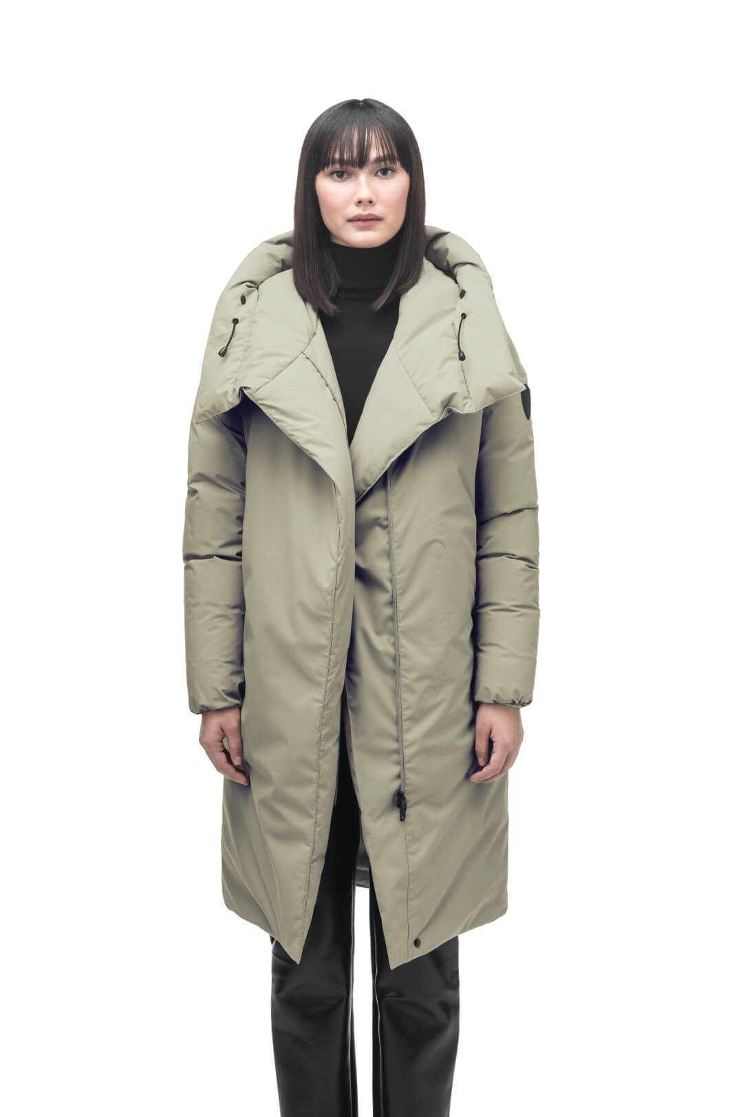 Axis Ladies Oversized Coat in knee length, Canadian duck down insulation, and two-way front zipper, in Tea