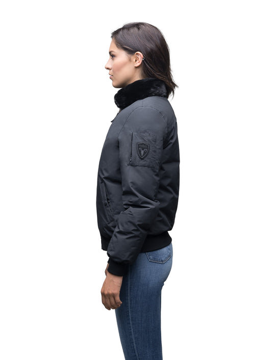 Women's hip length sleek down filled bomber jacket with removeable faux fur trim in Cy Black
