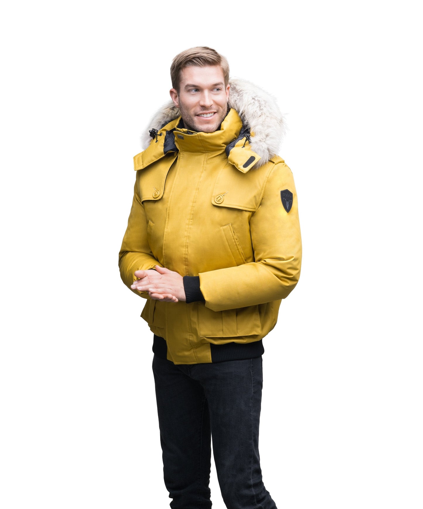 Men's down filled bomber that sits just above the hips with a completely removable hood that's windproof, waterproof, and breathable in CH Yellow